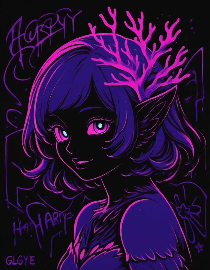 blgStyle, graffiti, black background, Coral color theme,  Harpy character portrait, upper body,<lora:Blacklight_Graffiti_Style_IllustriousXL:0.65>