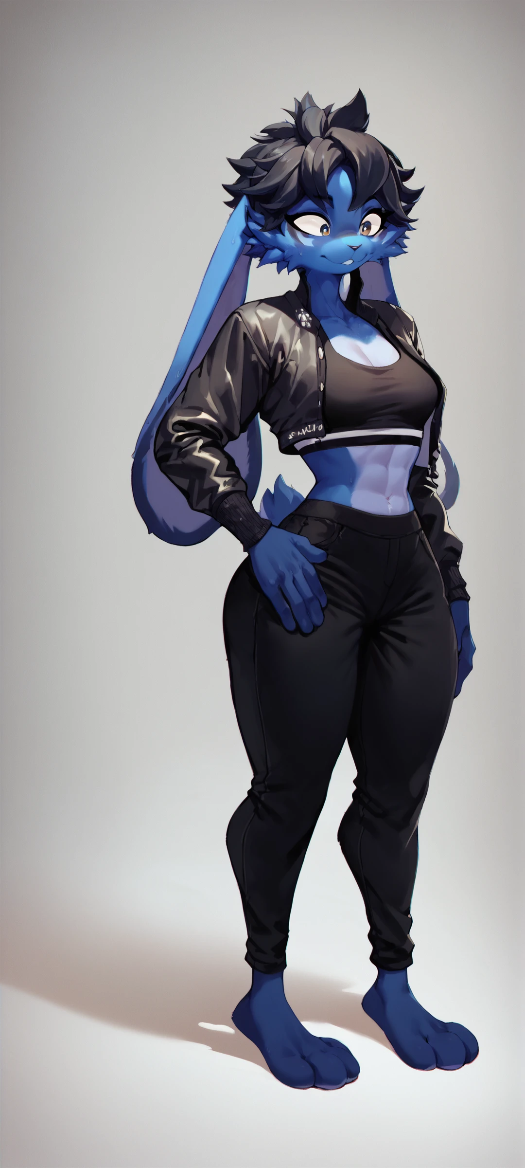 score_9, score_8_up, score_7_up, score_6_up, score_5_up, score_4_up, 1girl, furry, lagomorph, Domi, blue fur, blue body, clothes, full body, black jacket, black crop top, black pants, <lora:Domi_Domibun:1>