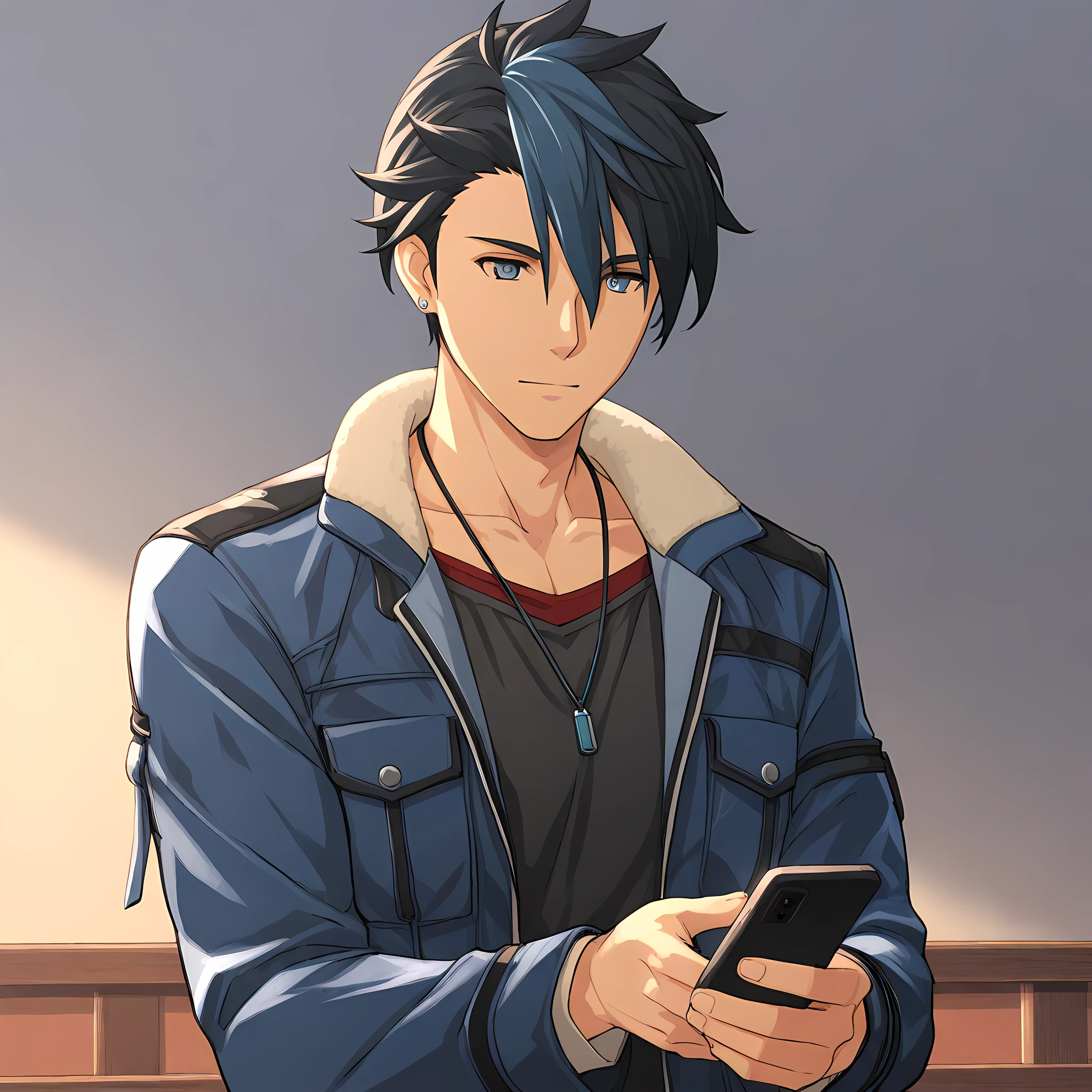 van arkride, 1boy, male focus, jacket, solo, black hair, jewelry, phone, cellphone, earrings, necklace, looking at phone,  <lora:VanArkrideIllustXL:1>, (masterpiece),(best quality),(ultra-detailed),(best illustration),(best shadow),(absurdres),(detailed background),(very aesthetic),