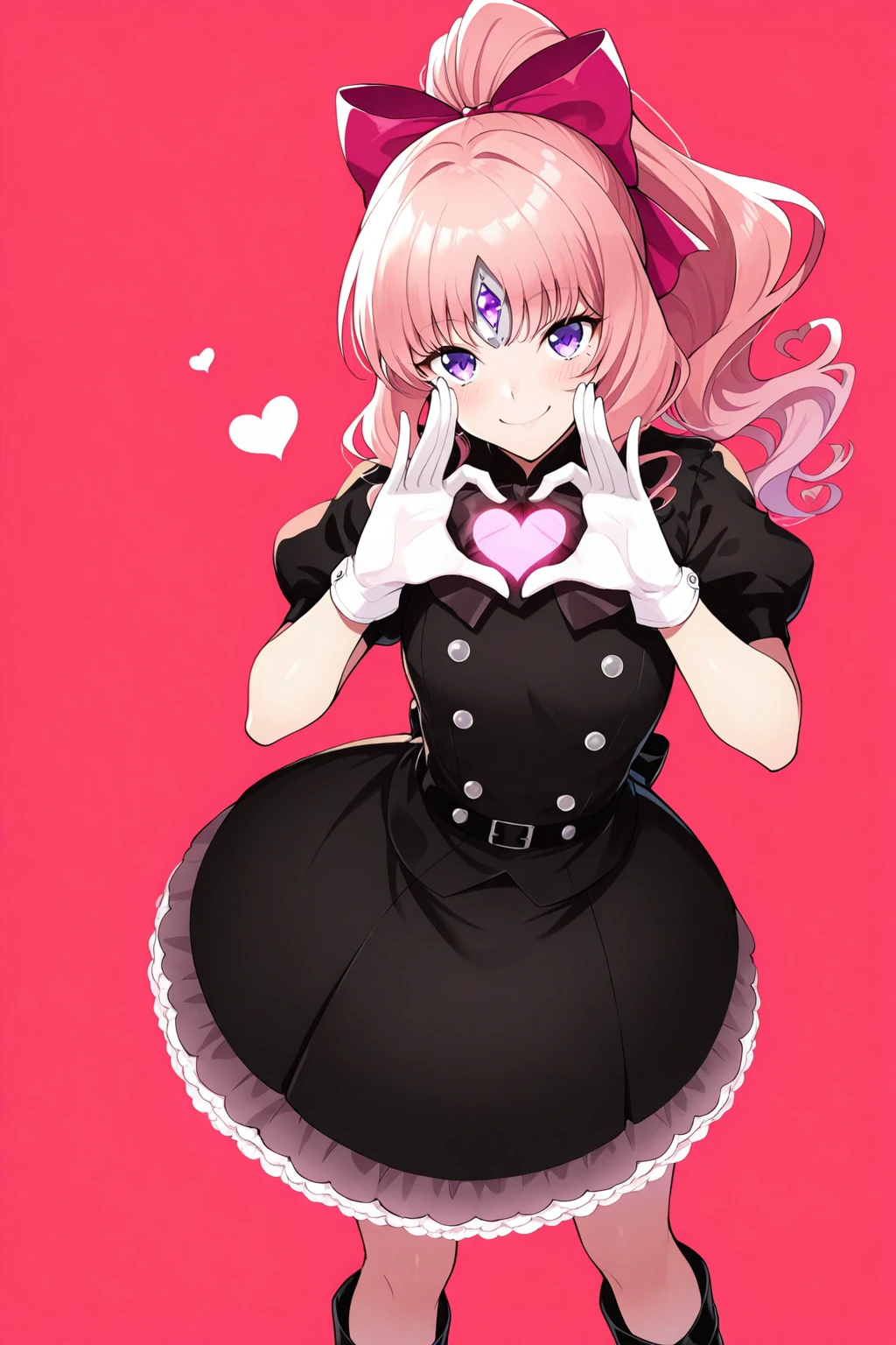 best quality, masterpiece, 1girl, aligura, bow, pink hair, hair bow, gloves, ponytail, dress, long hair, purple eyes, boots, puffy sleeves, black dress, short sleeves, upper body, smile, white backgorund, heart sign, handmade heart sign <lora:Aligura:1>