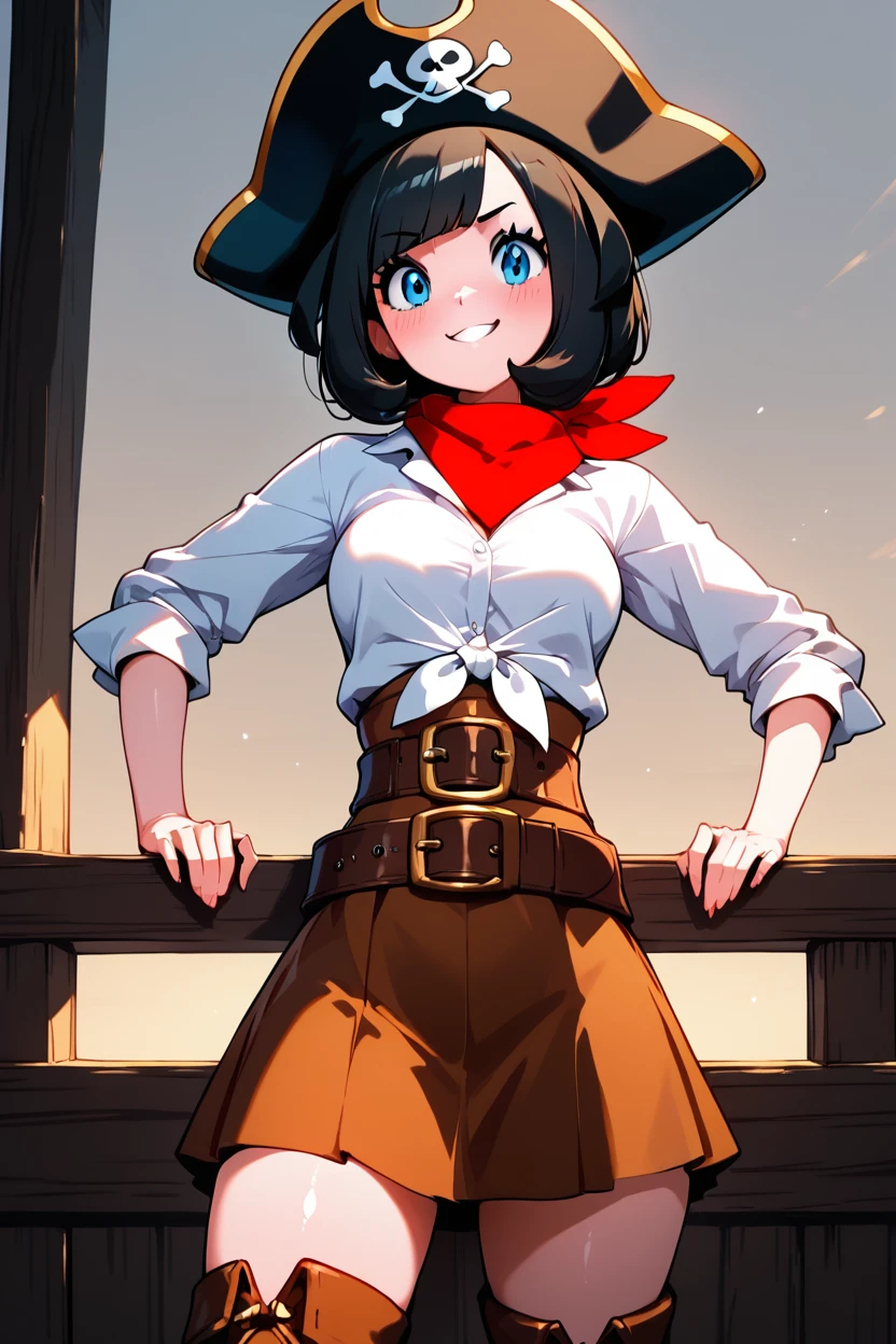 score_9, score_8_up, score_8, medium breasts, (curvy), cute, eyelashes,      ,,,  zzSSeleneCitron, blue eyes, black hair, short hair,  shirt, hat, white shirt, pirate hat, skirt, thighhighs, boots, belt, brown skirt,  <lora:SwashbucklerSelenePDXL:1.0>, BREAK, smile, looking at viewer, cowboy shot, ,,, embedding:zPDXL, <lora:DiivesP1:0.7>,