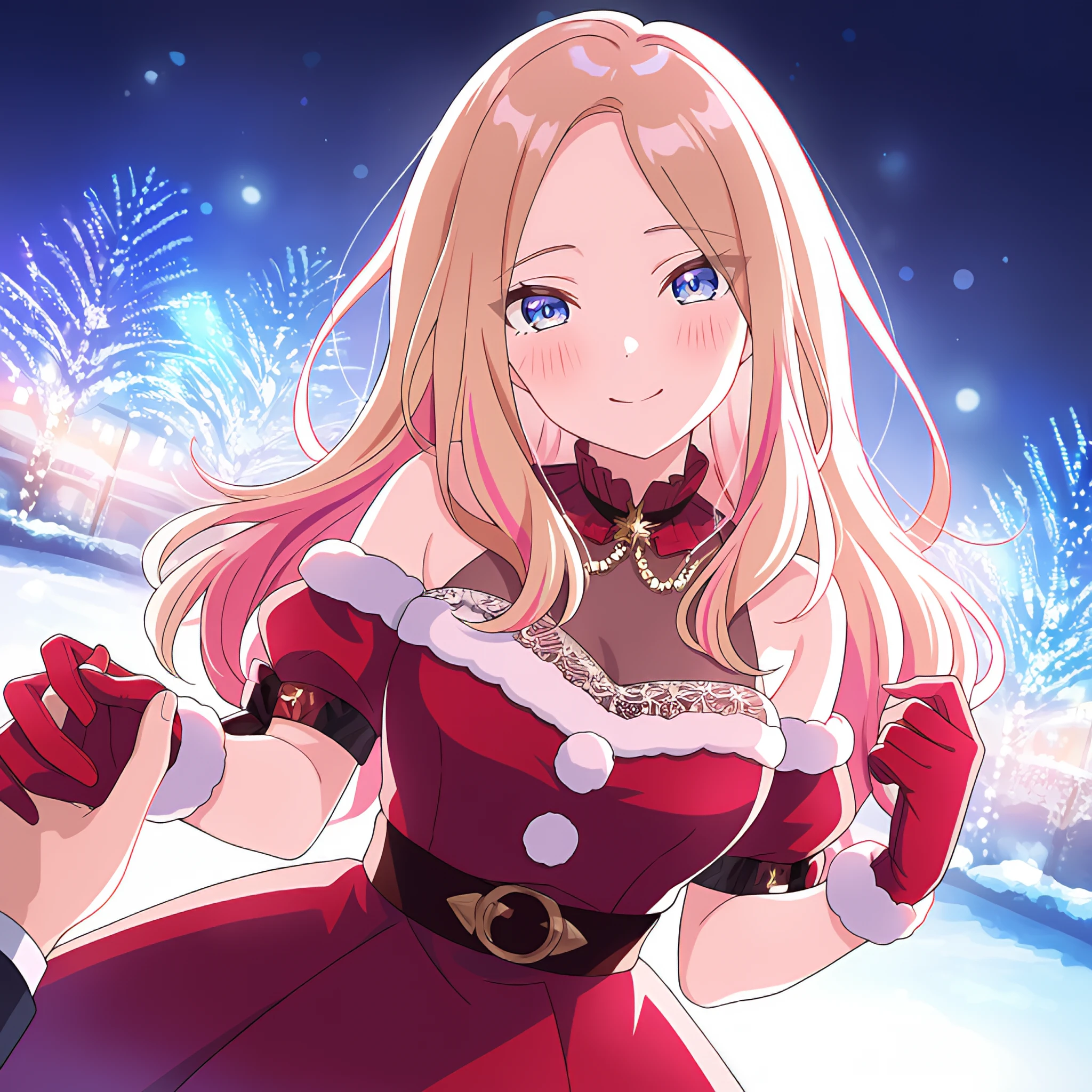 1girl, senajuo2idol, yumas6 dress, yumas6 gloves, yumas6 ankle boots, yu6 vertical-striped thighhighs, smile,shy, blush, standing, head tilt,multicolored hair,looking at viewer,upper body,holding the viewer's hand,steam,

1girl, pov hand,

outdoor, Christmas street,Dutch angle,star night,soft lighting,snow,

masterpiece, best quality, newest, absurdres, highres, nsfw,