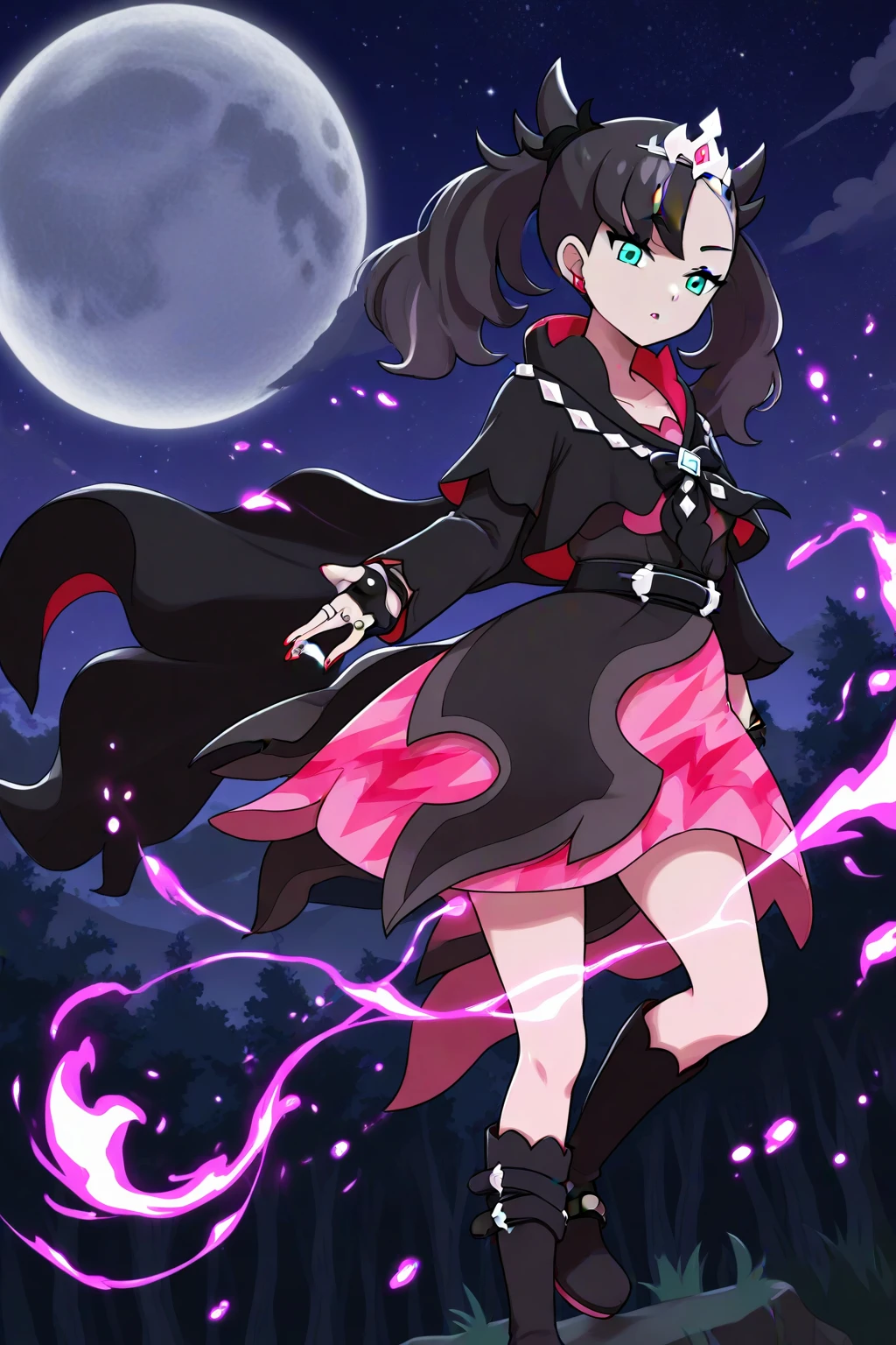 (1girl, solo,) moonlight, night scene, moon in the sky, purple hues, starry night, dreamlike atmosphere, glowing edges, mystical, high contrast, ethereal light,  light particles, woods, anime,

marnie_\(pokemon\), green_eyes, black_hair, tiara, dress, black_dress, fingerless_gloves, belt, earrings, ring, knee_boots, black_footwear, red_nails

masterpiece,best quality,amazing quality,very aesthetic,high resolution,ultra-detailed,absurdres,newest,volumetric lighting,ncmarnie