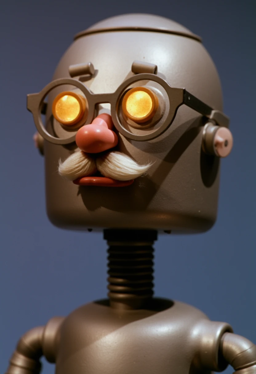 rud01ph vintage puppet scene from 1960, robot made of silver metal. Face of an old man, bold, with friendly expression and glasses with round lenses on the nose, the eyes glows with golden light