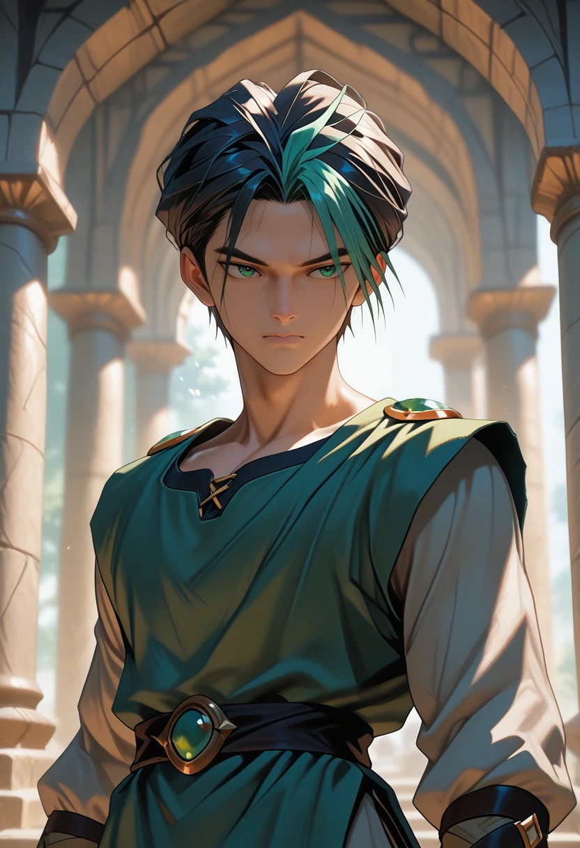 masterpiece, best quality, vibrant, very aesthetic, high contrast, 1boy, <lora:Touya_YuYu_Hakusho_ILLU:0.8> touya_yyh, tunic, upper body, two-tone hair, masterwork, raytracing, highly detailed, absurdres, masterful composition, cinematic lighting, rim lighting