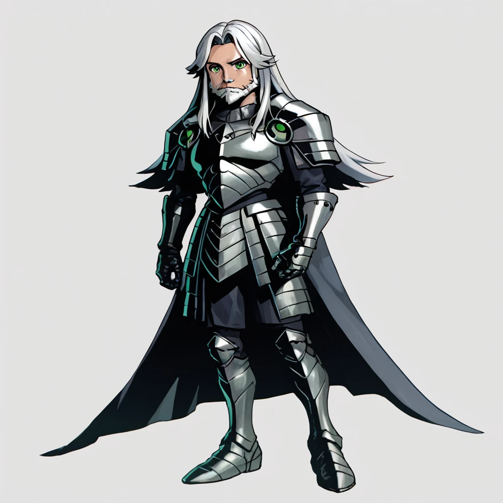 <lora:Majoras_Mask_Concept_Art_Style_-_Pony_XL-000011:1> score_6_up, score_7_up, MMStyle, 1boy, human, adult, long hair, white hair, silver armor, white background, looking at viewer, green eyes, stoic, full body, white beard, dark shadows, saturated colors