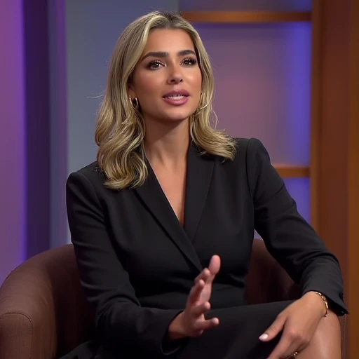 there is a woman sitting in a chair with his arms crossed, she is wearing an elegant black business dress , long blonde hair , beautiful face, sultry smile, stockings and high heels sitting in a lounge