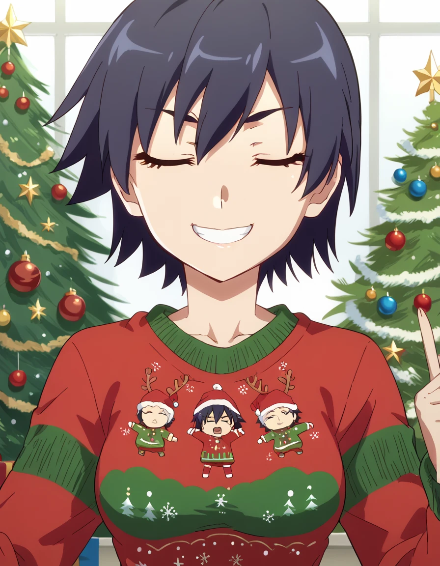 score_9, score_8_up, score_7_up, source_anime, <lora:suruga-kanbaru-offmonster-ponyxl-lora-nochekaiser:1>, suruga kanbaru, kanbaru suruga, short hair, black hair, brown eyes, medium breasts, anime screencap, <lora:christmas-sweater-ponyxl-lora-nochekaiser:1>, christmas sweater, christmas, ugly sweater, print sweater, red sweater, christmas tree, christmas ornaments, sweater, multicolored sweater, , v, smile, hands up, teeth, closed eyes, cowboy shot,, , dutch angle, cowboy shot