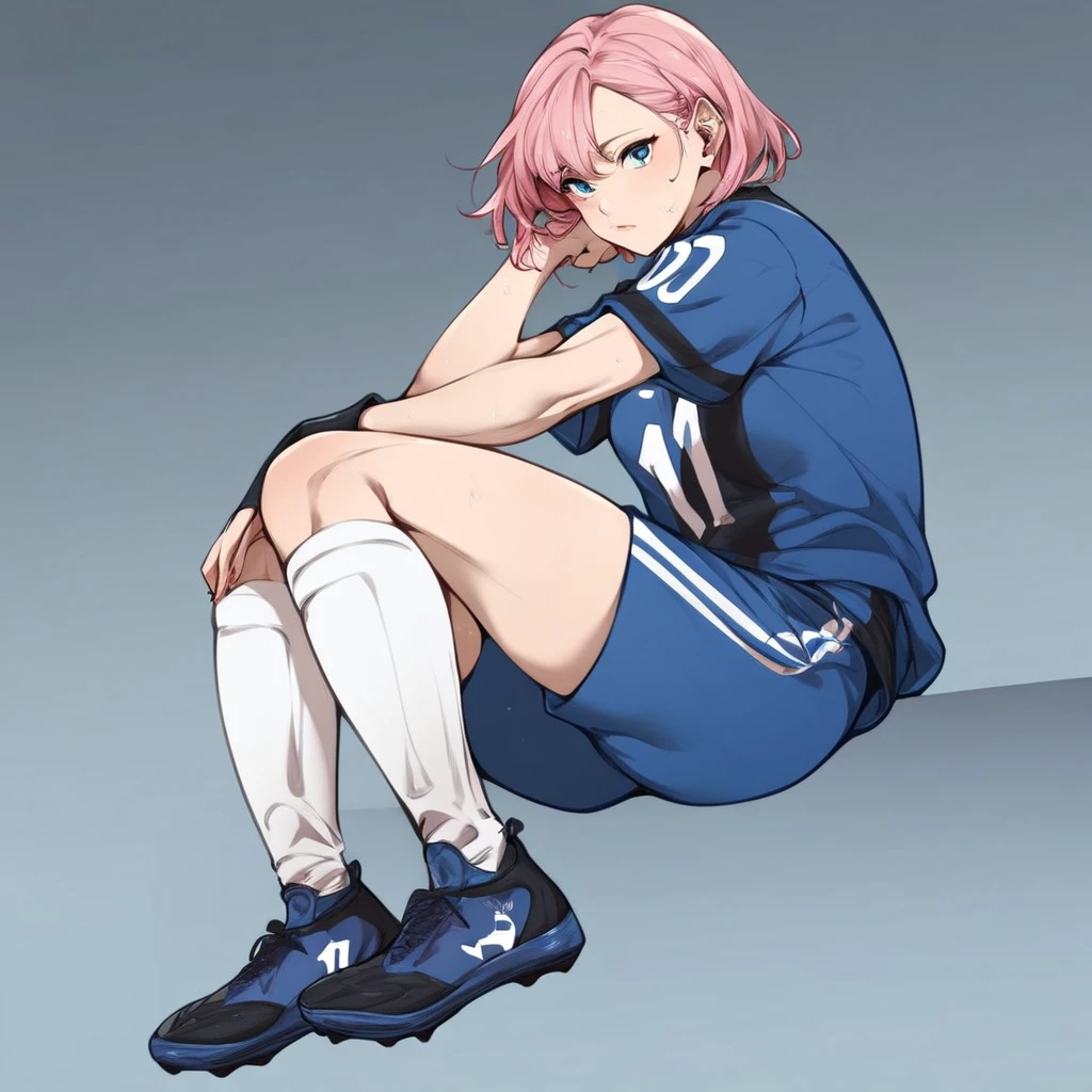 score_9, score_8_up, score_7_up, score_6_up, score_5_up, score_4_up, 1girl, pink hair, blue soccer jersey, blue soccer shorts, white socks, shin guards under socks, black cleats