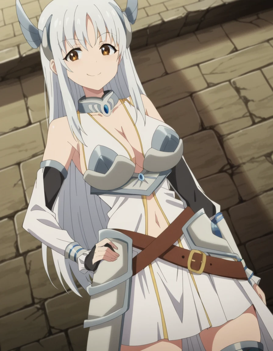 score_9, score_8_up, score_7_up, source_anime, <lora:kaori-shirasaki-s3-ponyxl-lora-nochekaiser:1>, kaori shirasaki, long hair, large breasts, brown eyes, white hair, anime screencap, thighhighs, gloves, dress, navel, cleavage, bare shoulders, elbow gloves, belt, armor,, prison cell, bars, bed, stone walls, isolation, smile, smug, hand on own hip,, looking at viewer, solo,, dutch angle, cowboy shot