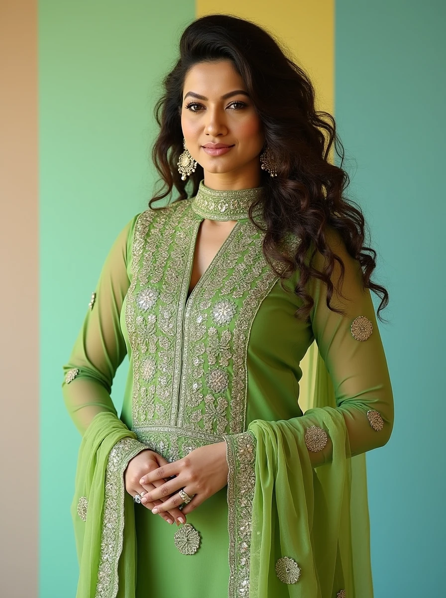 full body photo of Gauhar Khan woman,hyper realistic candid photo  serious,studio quality, wearing intricate conservative turtleneck Green Phulkari Suit, curls, pastel shaded multicolored background, cinematic lighting<lora:TestBed\Gauhar_Khan_Flux_Kohya_LoRA_v1.safetensors:1.0:1.0>