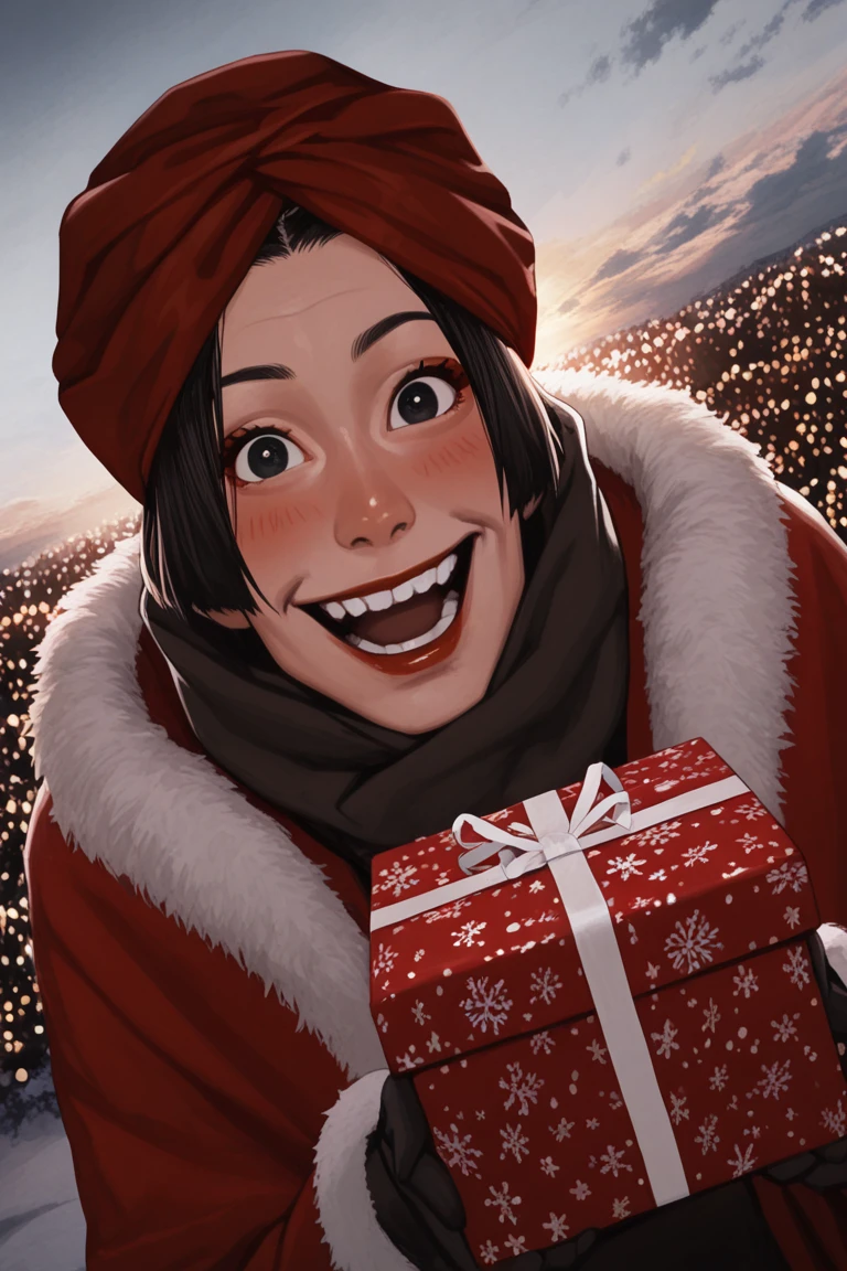 realistic shading, natural lighting, 2ndmale focus, looking at viewer, expressive face, HanaTG, brown_HanaTG_headwear, black_HanaTG_2ndmale hair, black eyes, HanaTG_makeup, 2ndboy, holding a gift box, smiling, open mouth, blush sticker, happy, shiny skin, santa claus cosplay, red headwear, fur-trimmed coat, snowflake, christmas theme, outdoors, christmas lights, bokeh, cloud, centered, dutch angle, dynamic angle, atmospheric perspective, intricately detailed illustration, depth of field, masterpiece, best quality, amazing quality, very aesthetic, absurdres, newest