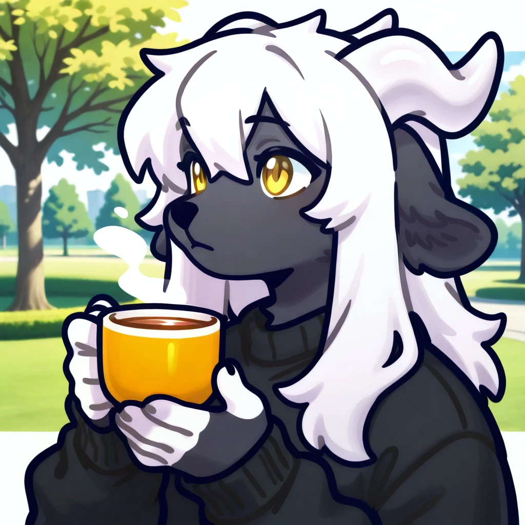 (2024, very aesthetic, newest, best quality, masterpiece,),
black fur, furry, dragon, black sweater, yellow eyes, white horns, white hair, park, park background, 1boy, solo, male, holding tea, mikus-fir, upper body