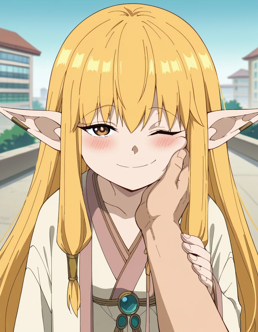 score_9, score_8_up, score_7_up, source_anime, <lora:serie-s1-ponyxl-lora-nochekaiser:1>, serie, long hair, bangs, blonde hair, brown eyes, pointy ears, elf, anime screencap, jewelry, wide sleeves, robe,, rooftop, view, height, buildings, sky, , <lora:guided-hand-on-cheek-ponyxl-lora-nochekaiser:1>, guided hand on cheek, hand grab, hand on another's cheek, hand on another's face, looking at viewer, pov, pov hands, smile, blush, one eye closed, caress, caressing cheek, looking at viewer, solo,, dutch angle, cowboy shot