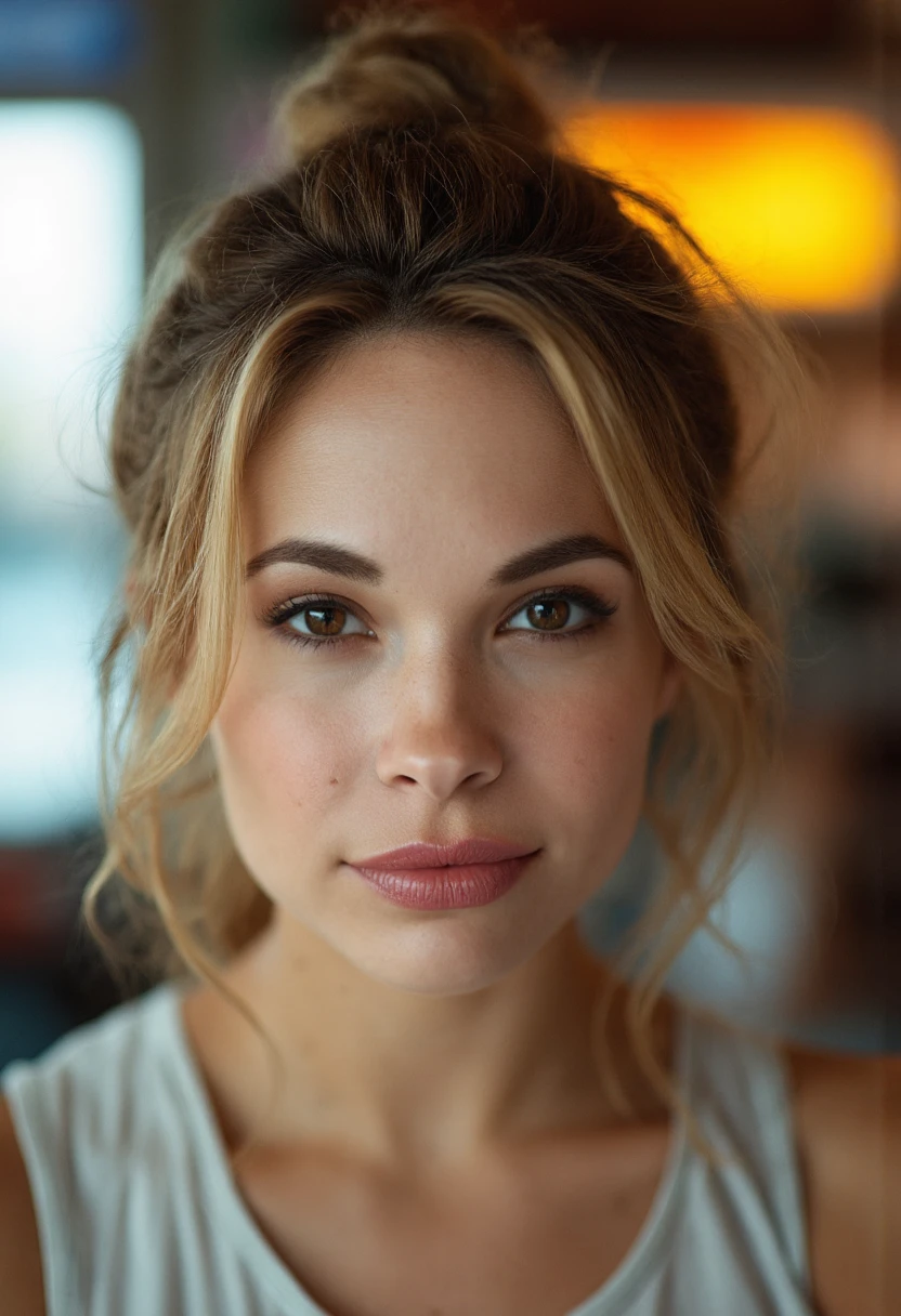 the image is a high-quality professional  close-up photograph of  beautiful danimathers  .She is looking directly at the viewer and smiling. The background is convenience store. This photo is a headshot. Shot with small amount of film grain