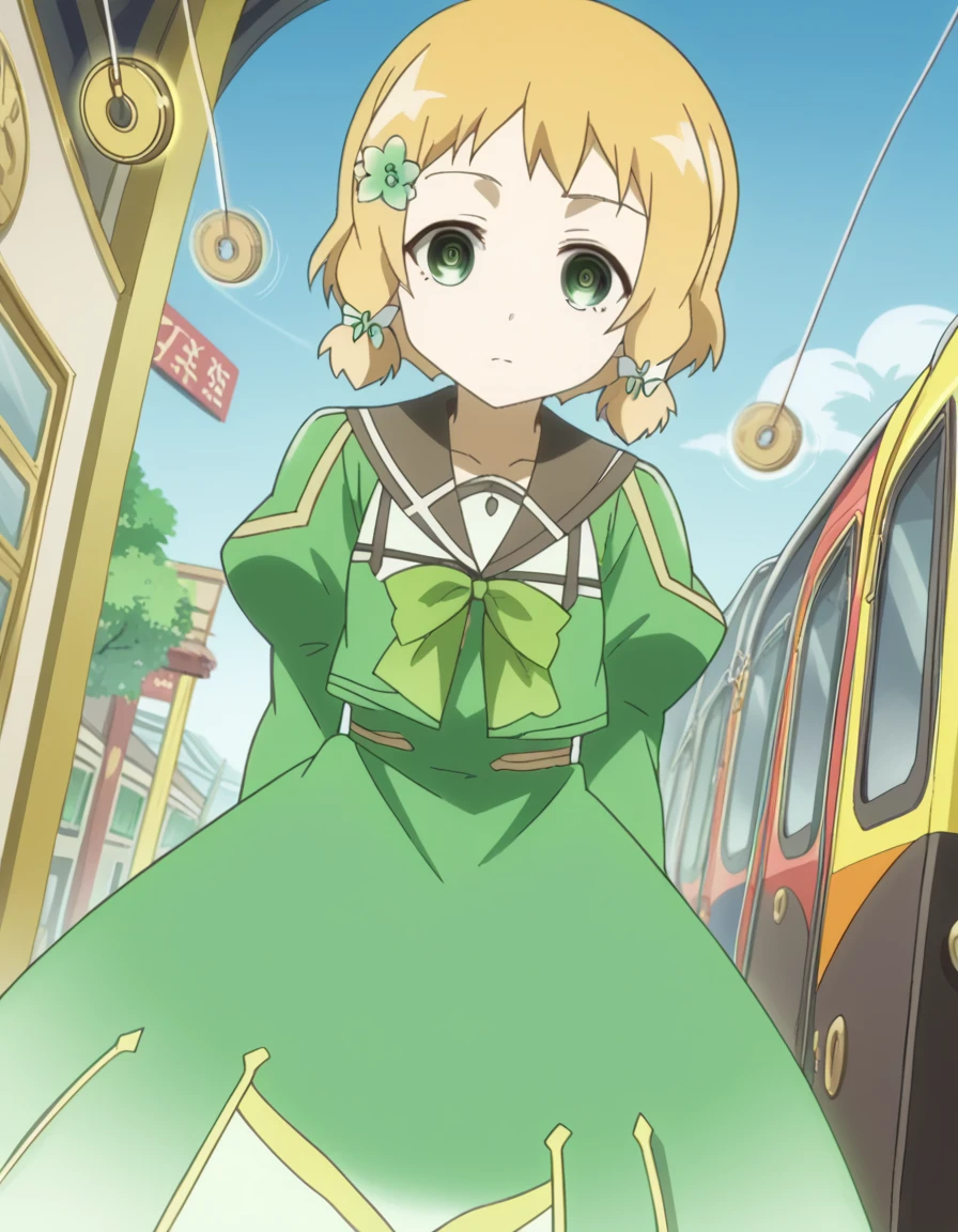 score_9, score_8_up, score_7_up, source_anime, <lora:itsuki-inubouzaki-s1-ponyxl-lora-nochekaiser:1>, itsuki inubouzaki, short hair, blonde hair, hair ornament, green eyes, flower, pantyhose, hair flower, anime screencap, magical girl, dress, bow, ribbon, green dress, serafuku, puffy sleeves, long sleeves, green bowtie,, train station, waiting for train, suitcase, traveling, commute, city skyline, hands behind back, , <lora:pendulum-ponyxl-lora-nochekaiser:1>, pendulum, holed coin, coin on string, hypnosis, mind control, coin, @ @,, looking at viewer, solo,, dutch angle, cowboy shot