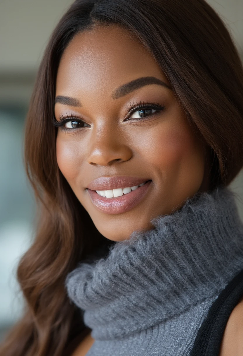 the image is a high-quality professional  close-up photograph of  beautiful eugenawashington. She is wearing ski suit. She is looking directly at the viewer and smiling. The background is office. This photo is a headshot. Shot with small amount of film grain. This is a SFW image. 