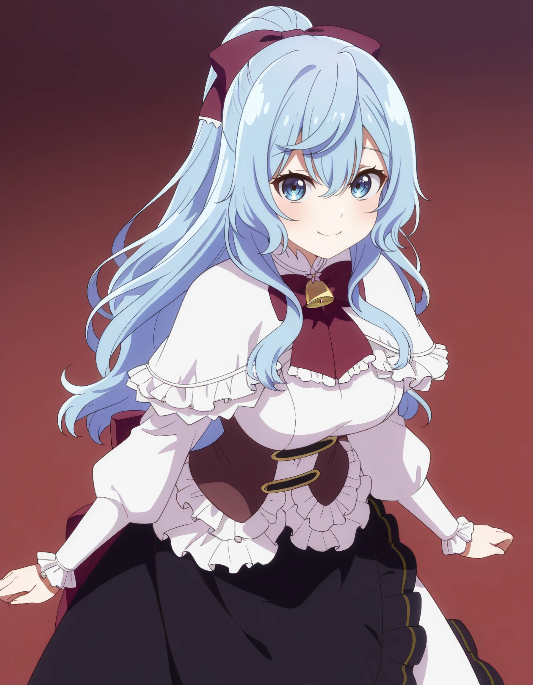 masterpiece, best quality, amazing quality,  liselotte_cretia, long_hair, hair_between_eyes, blue_hair, ponytail, purple_bow, hair_bow, blue_eyes, white_shirt, long_sleeves, white_dress, frills, black_skirt, red_bowtie, white_capelet, frilled_capelet, <lora:seirei_gensouki_-_liselotte_cretia_il:1>, by_echo_(circa), smile, bell, solo, diagonal_bangs, breasts, white_capelet, looking_at_viewer, fur_trim, simple_background, capelet, large_breasts, 1girl