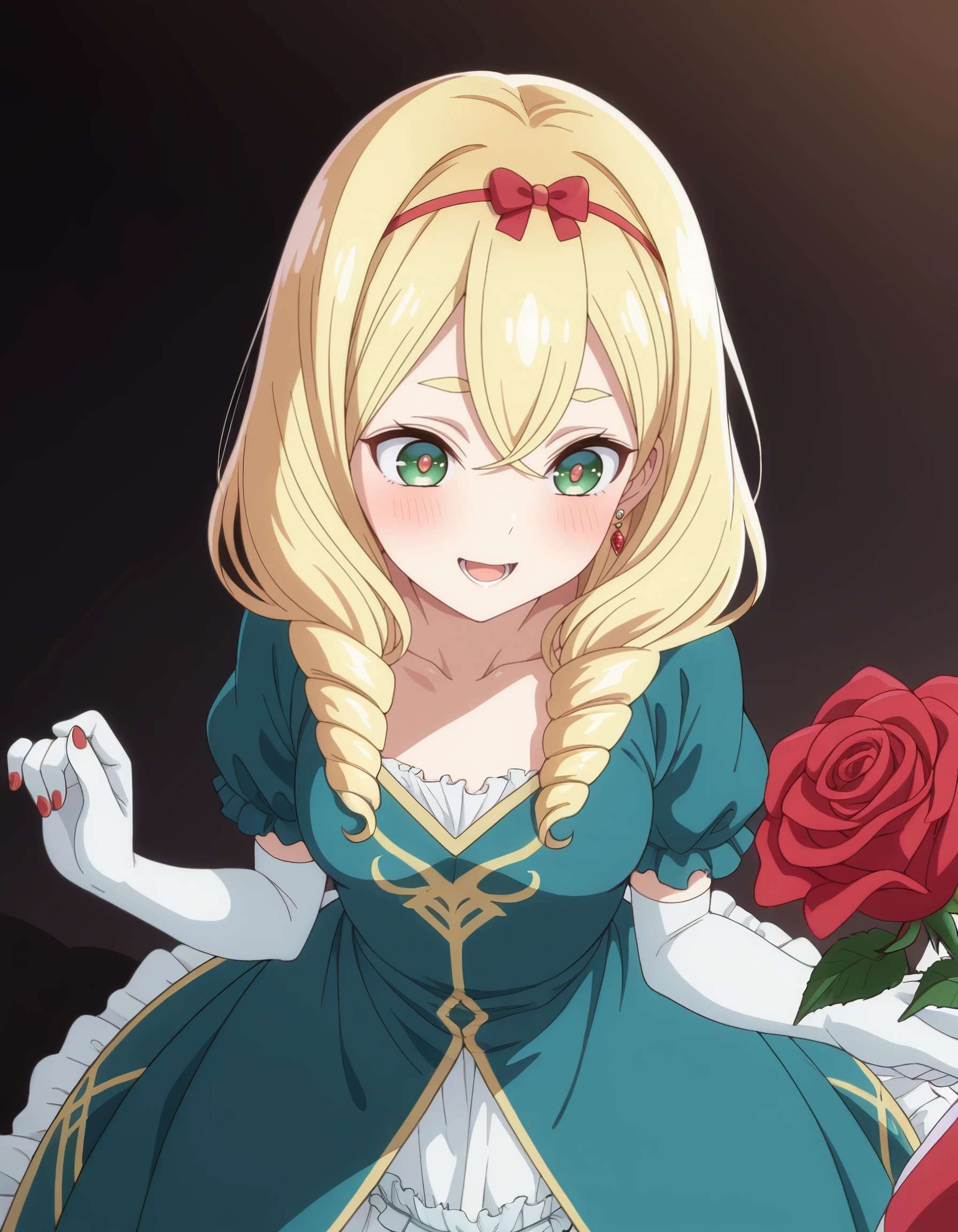 masterpiece, best quality, amazing quality, roanna_fontaine, long_hair, blonde_hair, hairband, twin_drills, green_eyes, red_bow, green_dress, short_sleeves, puffy_sleeves, elbow_gloves, white_gloves, <lora:seirei_gensouki_-_roanna_fontaine_il:1>, by_murasaki_no_hoshikuzu, collarbone, red_rose, from_above, lower_teeth_only, red_pupils, fingernails, small_breasts, open_mouth, nail_polish, smile, solo, gradient_background, breasts, jewelry, red_nails, flower, 1girl, simple_background, teeth, sidelocks, black_background, rose, earrings, blake_bloom_wuthering_waves, tacet_mark_wuthering_waves, red_flower, looking_ahead, blush