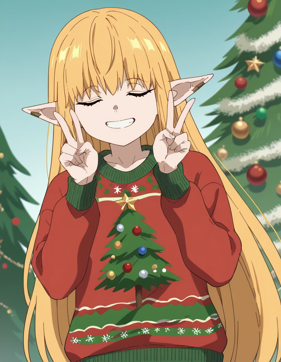 score_9, score_8_up, score_7_up, source_anime, <lora:serie-s1-ponyxl-lora-nochekaiser:1>, serie, long hair, bangs, blonde hair, brown eyes, pointy ears, elf, anime screencap, <lora:christmas-sweater-ponyxl-lora-nochekaiser:1>, christmas sweater, christmas, ugly sweater, print sweater, red sweater, christmas tree, christmas ornaments, sweater, multicolored sweater, , v, smile, hands up, teeth, closed eyes, cowboy shot,, , dutch angle, cowboy shot