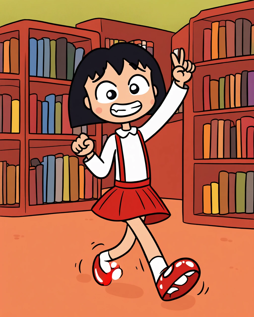 masterpiece, best quality, alenonimo, 1girl, solo, female child, chibi, cbmrk, black hair, white shirt, suspender skirt, red skirt, red shoes, v, smile, clenched teeth, , walking, cowboy shot, looking at viewer, (library:1.2)