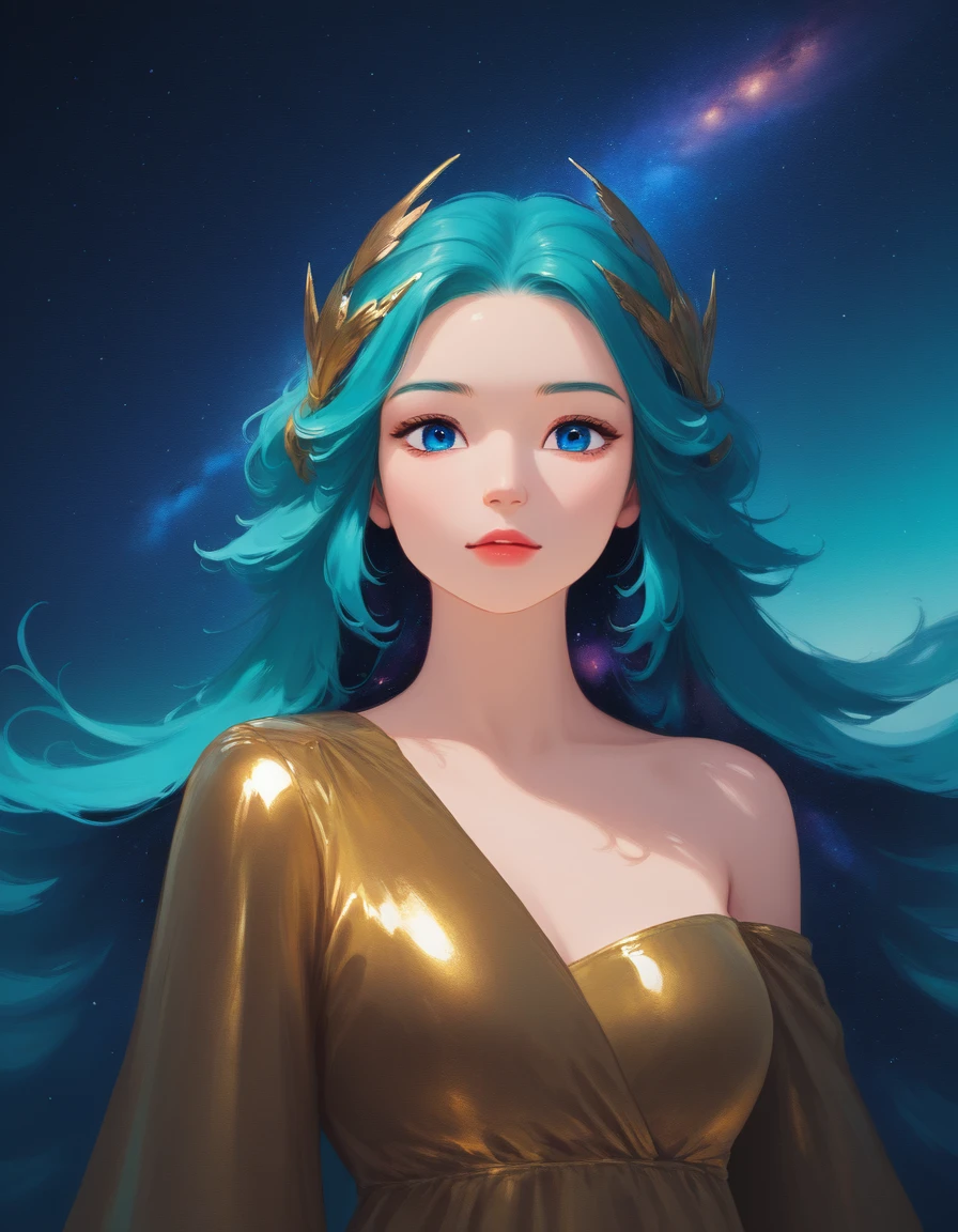 painted world, Turquoise hair galaxy background, painting of a woman,One-Shoulder Blouse, Layered haircut, long hair, Metallic gold hair, looking at viewer  <lora:Painted_World_IllustriousXL:0.6>