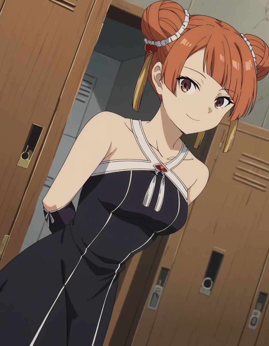 score_9, score_8_up, score_7_up, source_anime, <lora:laufen-s1-ponyxl-lora-nochekaiser:1>, laufen, hair bun, double bun, orange hair, brown eyes, hair ornament, medium breasts, anime screencap, dress, bare shoulders, black dress, halterneck, elbow gloves,, school hallway, lockers, between classes, everyday life, smile, hands behind back, bent over,, looking at viewer, solo,, dutch angle, cowboy shot