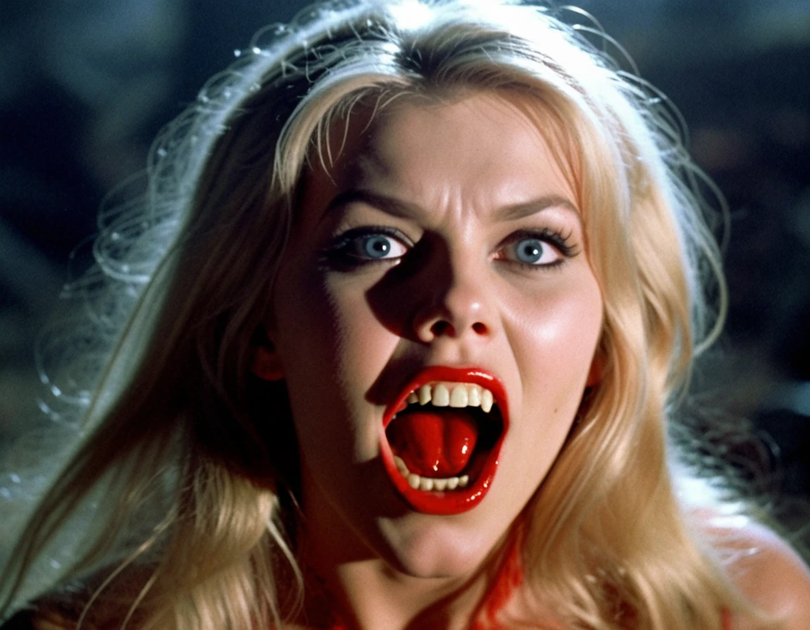 60's cinematic screengrab, in the style of hammer horror, a beautiful blonde vampire snarls at us, she has long vampire fangs, blood at the corers of her mouth, grave yard, night, retr special effects, ground fog, cinematic lighting, film grain