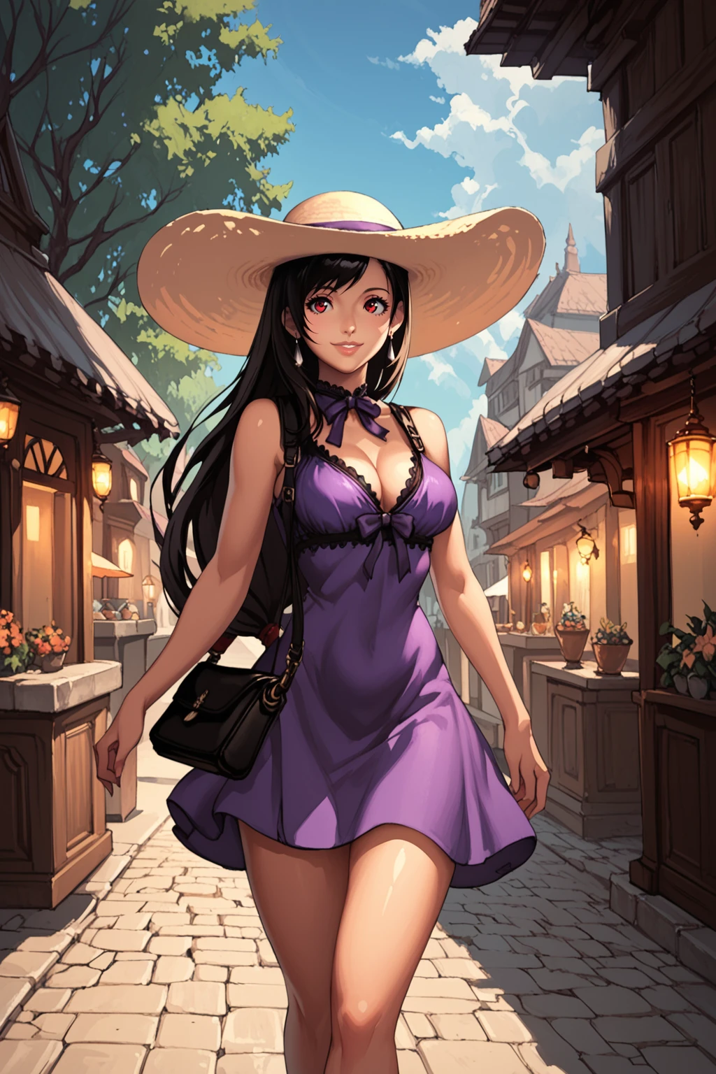 score_9, score_8_up, score_7_up, masterpiece, high quality, BREAK
<lora:Tifa LockhartPonyLora:0.8>tfalckhrt, long hair, straight hair, swept bangs, red eyes, crescant earrings, neck ribbon, cleavage, bare shoulders, sleeveless dress, short dress, purple dress, summer hat, handbag, walking in a village, summer, happy
<lora:Blade&SoulPonyLyco:1> bns
