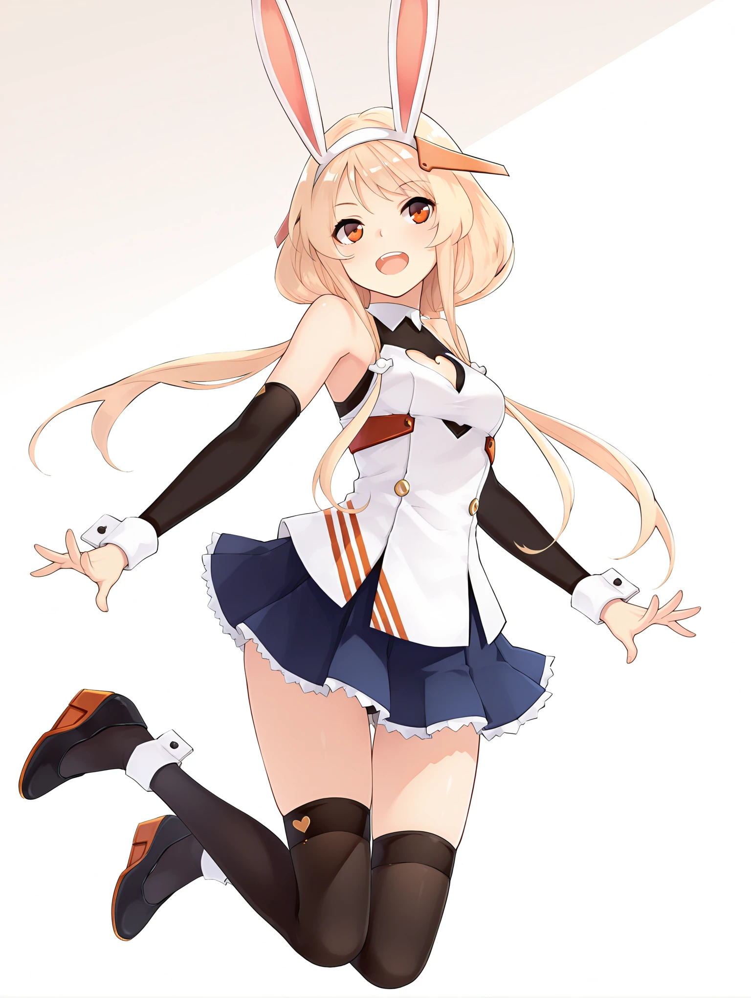 masterpiece,best quality,amazing quality,
solo,1girl,
<lora:bensen_ilxl_v1.1:1>,bensen,rabbit ears,blonde hair,hairband,low twintails,b_clothes,heart cutout,wrist cuffs,white shirt,detached sleeves,blue skirt,black thighhighs,miniskirt,black footwear,<lora:Fixhands_anime_bdsqlsz_V1:1>,white_background,simple_background,jumping,from_below,from_side,