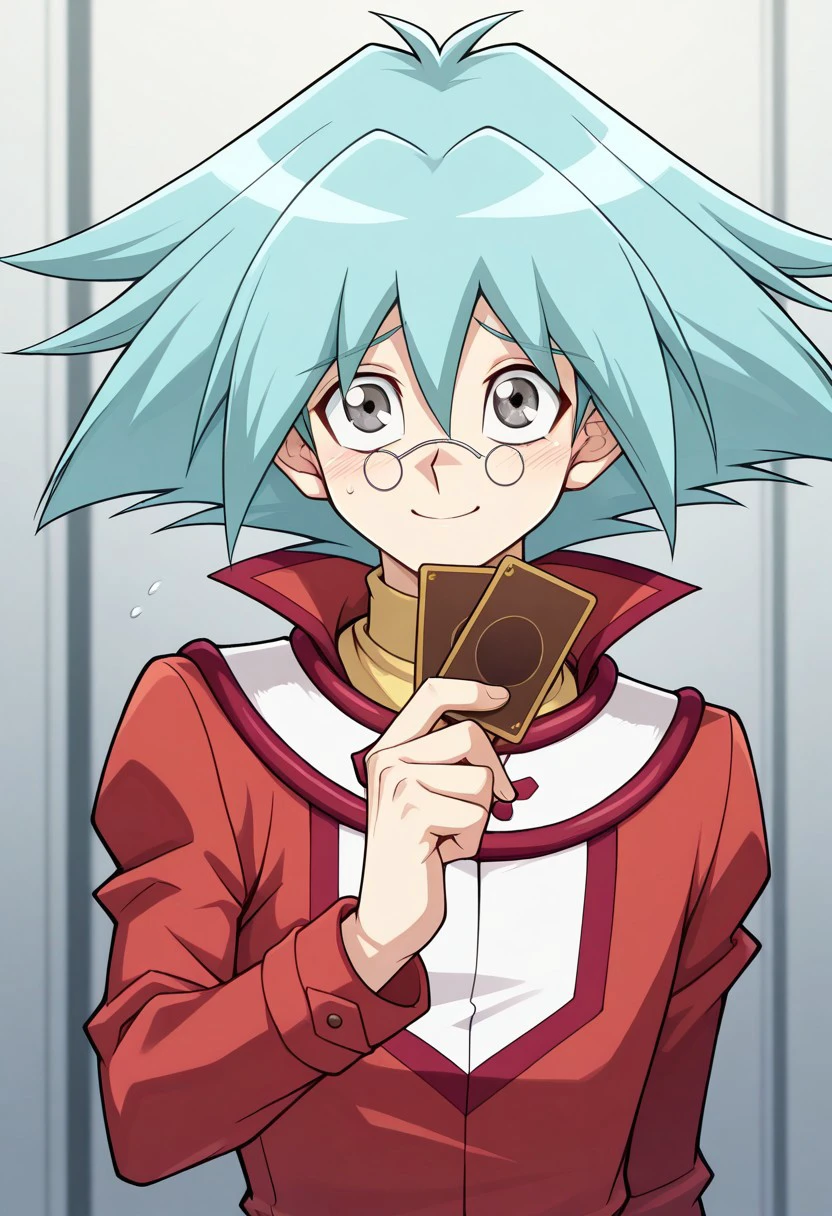 masterpiece, best quality, 
ShoMarufuji, 1boy, male focus, solo, grey eyes, glasses, round eyewear, pince-nez, aqua hair, spiked hair, hair between eyes, duel academy uniform (yu-gi-oh! gx), shirt, yellow shirt, turtleneck, jacket, red jacket, long sleeves, smile, shy,
indoor, holding card,