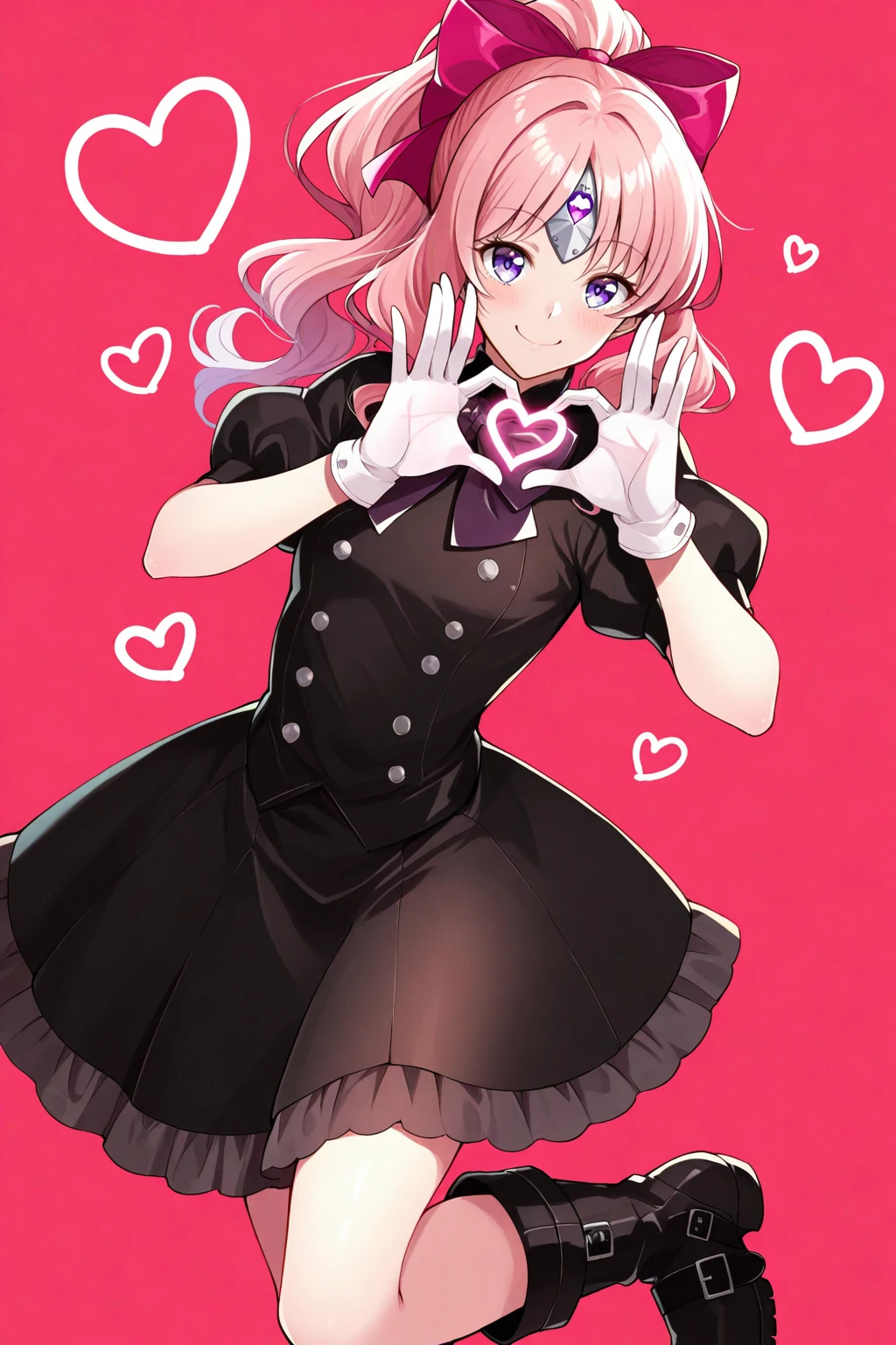 best quality, masterpiece, 1girl, aligura, bow, pink hair, hair bow, gloves, ponytail, dress, long hair, (purple eyes:1.2), boots, puffy sleeves, black dress, short sleeves, upper body, smile, white backgorund, heart sign, handmade heart sign <lora:Aligura:1>