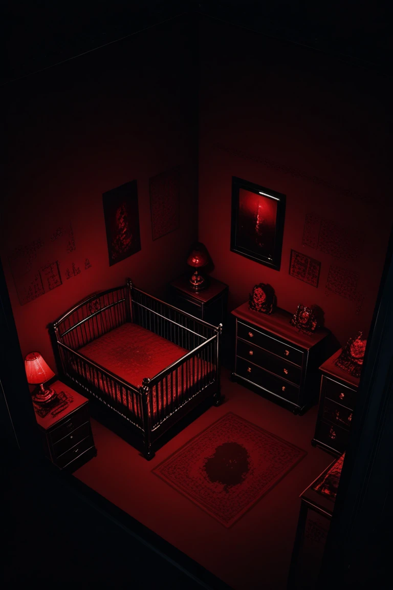 score_9, score_8_up, score_7_up, source_anime, rating_safe, realistic shading, dim lighting, dark environment, night, horror (theme), red theme, blood, nursery room focus, danr, 1stclutter, crib, negative space, from above, dynamic angle, intricately detailed illustration, depth of field, atmospheric perspective, masterpiece, best quality, amazing quality, very aesthetic, absurdres, newest