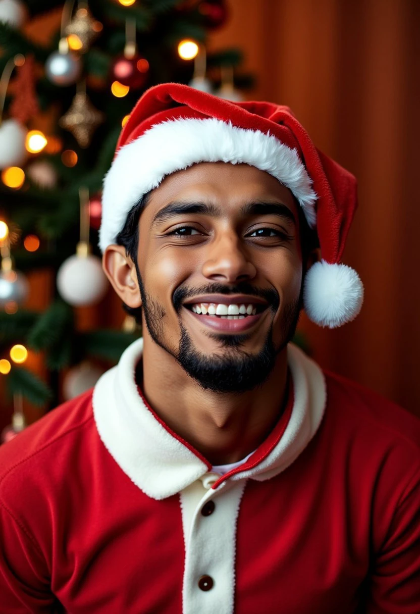 Bengali Cricket player, Wearing a Santa Hat, studio photography, christmas theme, indoors, christmas tree, christmas baking, cookies, warm themes of smells eminiating from the kitchen