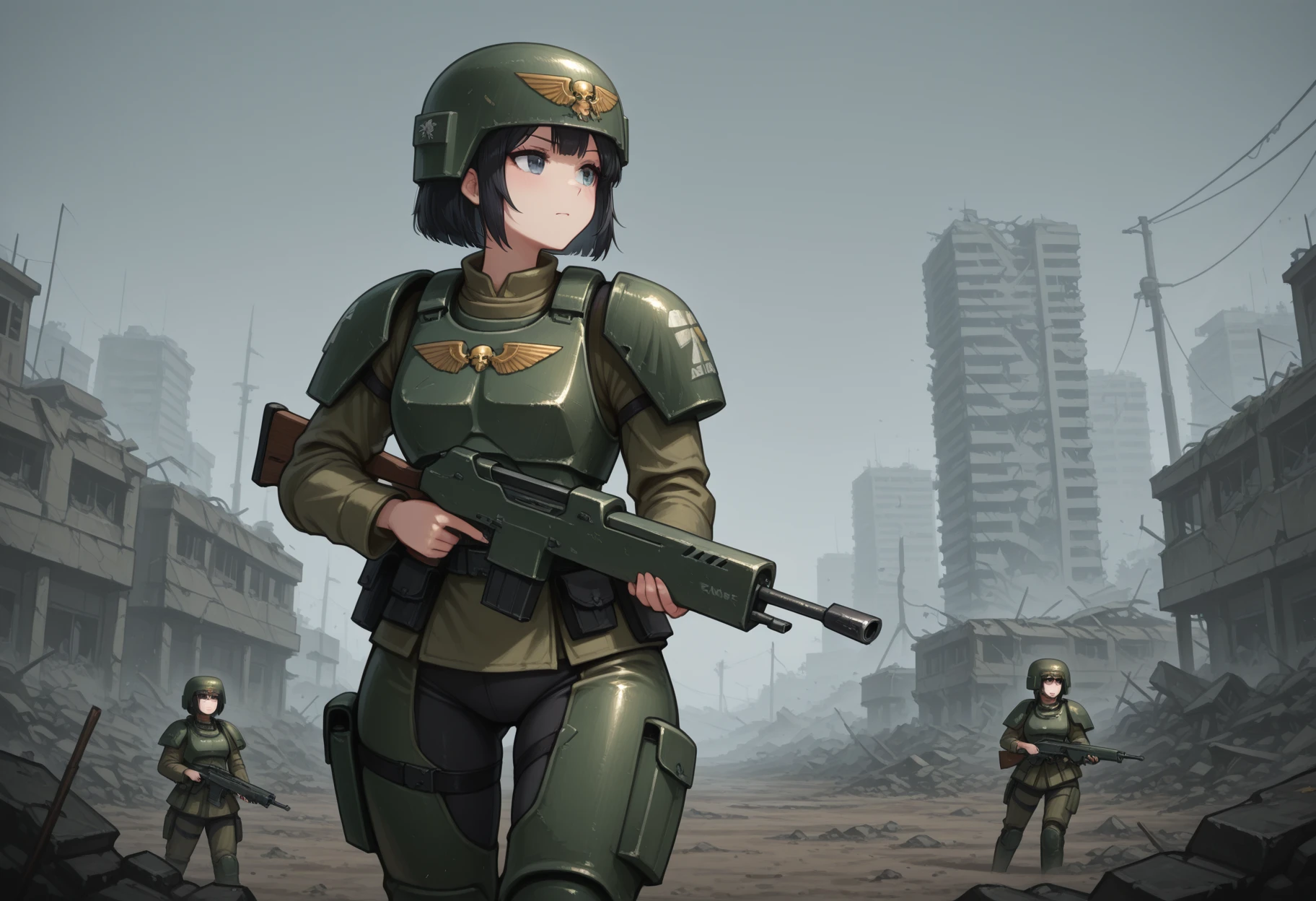 outdoors, post-apocalypse
1girl, black hair, bob cut
astra militarum, armor, tight pants, helmet <lora:cadian-il:1> cadian
holding rifle, masterpiece, best quality