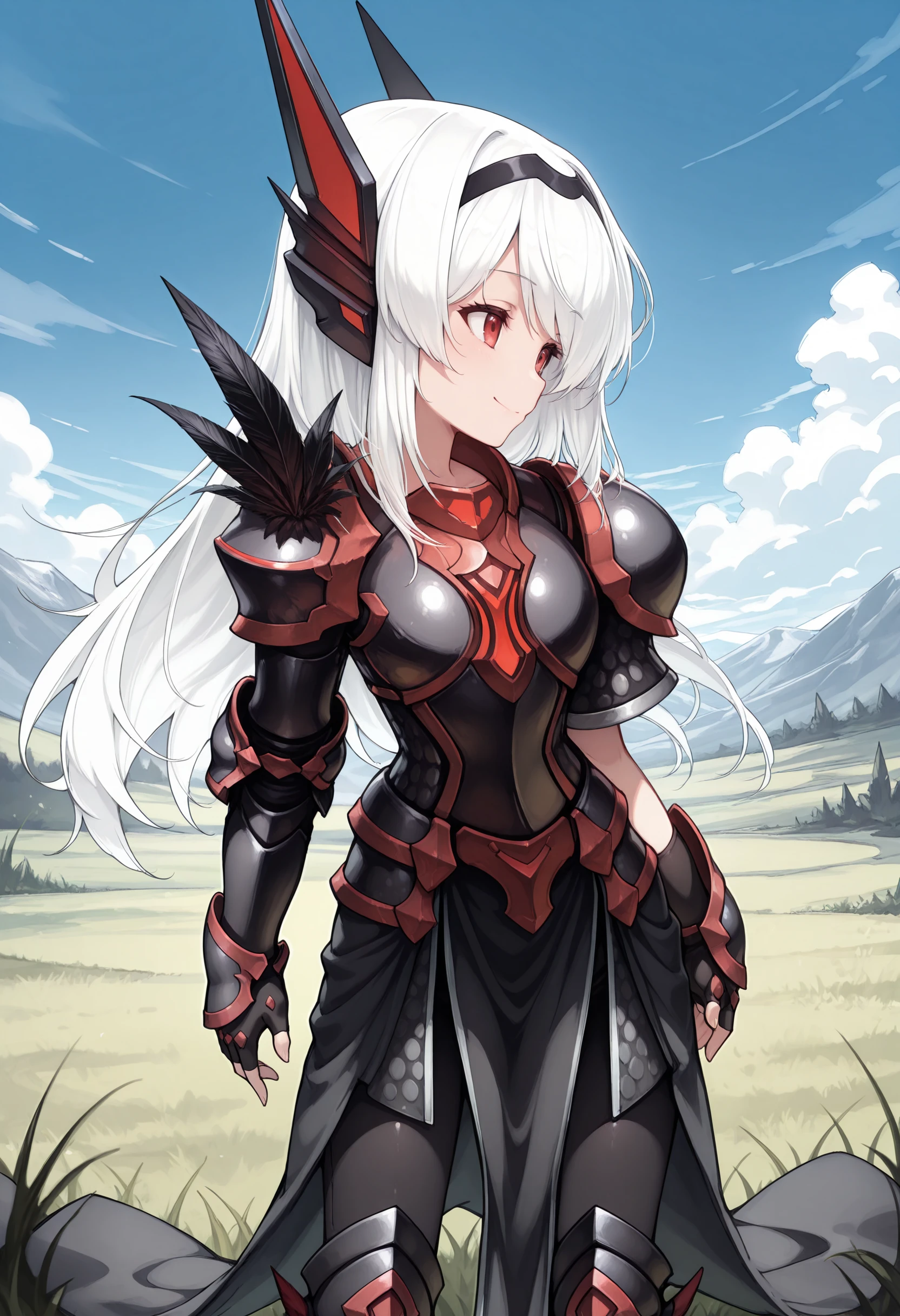 best quality, masterpiece \(quality\),
d4rkm3l, white hair, red eyes, black hairband, headgear, 
smile, closed mouth,
black armor, single feather pauldron, gauntlets, fingerless gloves, pelvic curtain, breastplate, leggings, armored boots,
1girl, 
standing, cowboy shot, 
blue sky, grass,
<lora:faux-darkmel-mixed12-illu-came-rank128a64-lora:0.8>