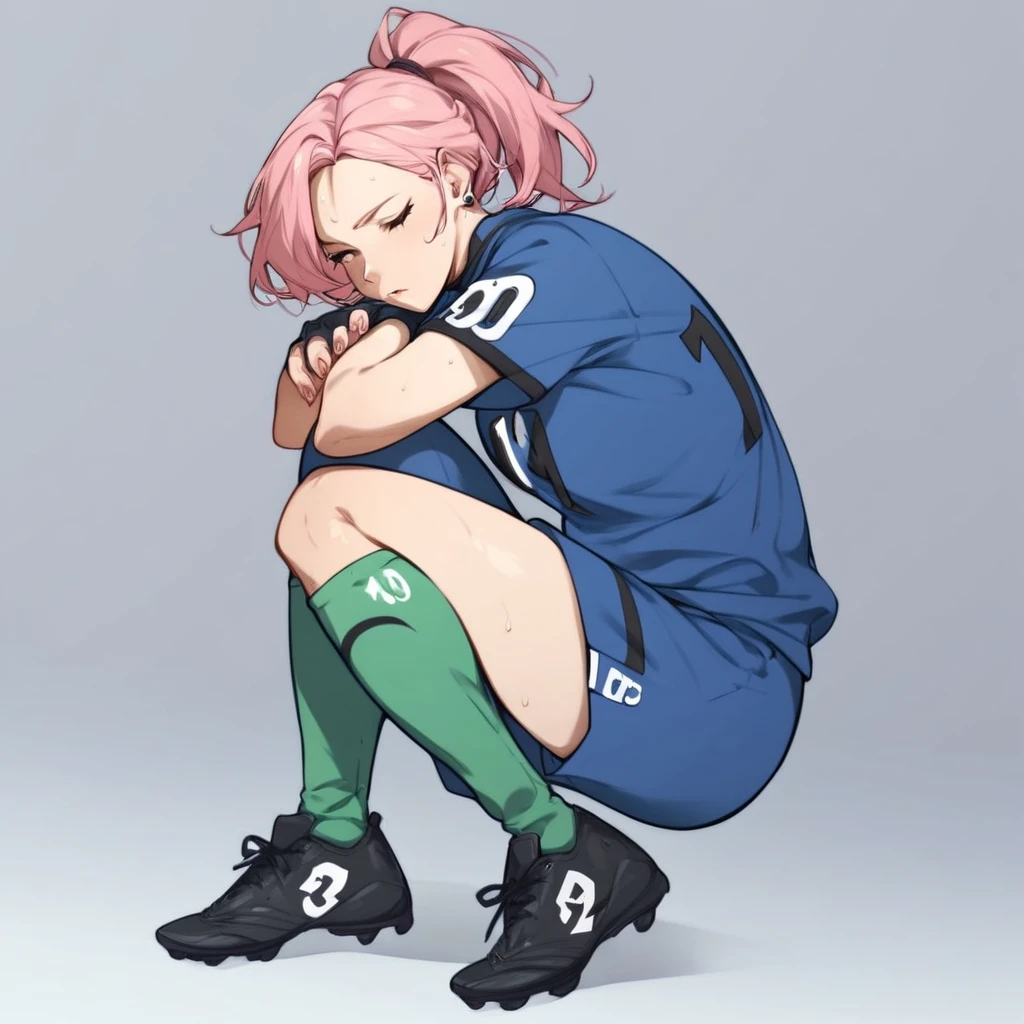 score_9, score_8_up, score_7_up, score_6_up, score_5_up, score_4_up, 1girl, pink hair, blue soccer jersey, blue soccer shorts, green socks, shin guards under socks, black cleats