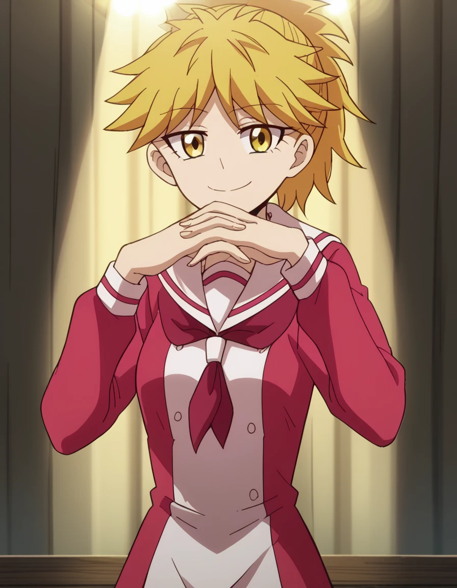 score_9, score_8_up, score_7_up, source_anime, <lora:yuuka-sasaki-s1-ponyxl-lora-nochekaiser:1>, yuuka sasaki, short hair, blonde hair, yellow eyes, ponytail, anime screencap, dress, school uniform, sailor dress, red neckerchief, white sailor collar,, stage, curtains, spotlight, audience, microphone, smile, <lora:gendou-pose-ponyxl-lora-nochekaiser:1>, gendou pose, own hands clasped, own hands together, parody,, looking at viewer, solo,, dutch angle, cowboy shot