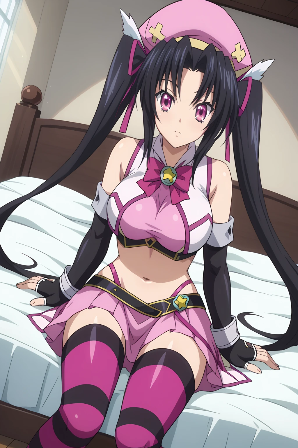 score_9, score_8_up, score_7_up, source anime, prefect lighting, very aesthetic, BREAK, anime screencap, anime coloring, serafall-dxd,  magical-serafall, 1girl, black hair, long hair, twintails, ribbon, hair ribbon, pink eyes, detailed pupils, sharp pupils, cute eyes, magenta eyes, large breasts, magical girl, cosplay, hat, midriff, navel, skirt, bow, fingerless gloves, gloves, elbow gloves, black gloves, thighhighs, striped, striped thighhighs,, indoors, bedroom, sitting on bed, front view, dutch angle