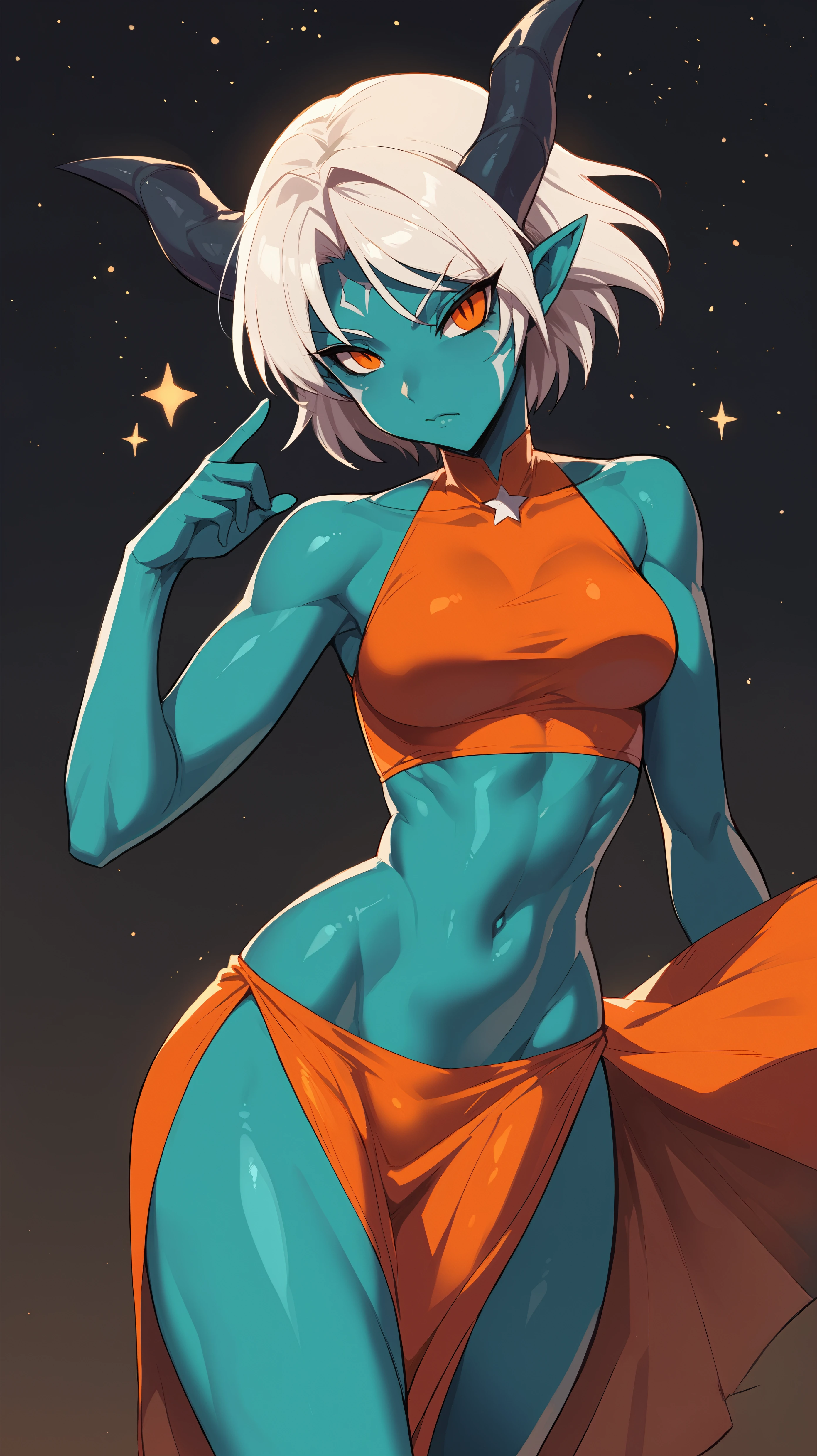 score_9,score_8_up,score_7_up,score_6_up, source_anime, girl,  <lora:Frerry_epoch_15:0.7>, Frerry, dynamic pose, on one knee,  short hair, dress, bare shoulders, closed mouth, upper body, white hair, horns, pointy ears, orange eyes, covered navel, colored skin, monster girl, colored sclera, horizontal pupils, stars, swirls, alien girl, gradient skin, teal skin,