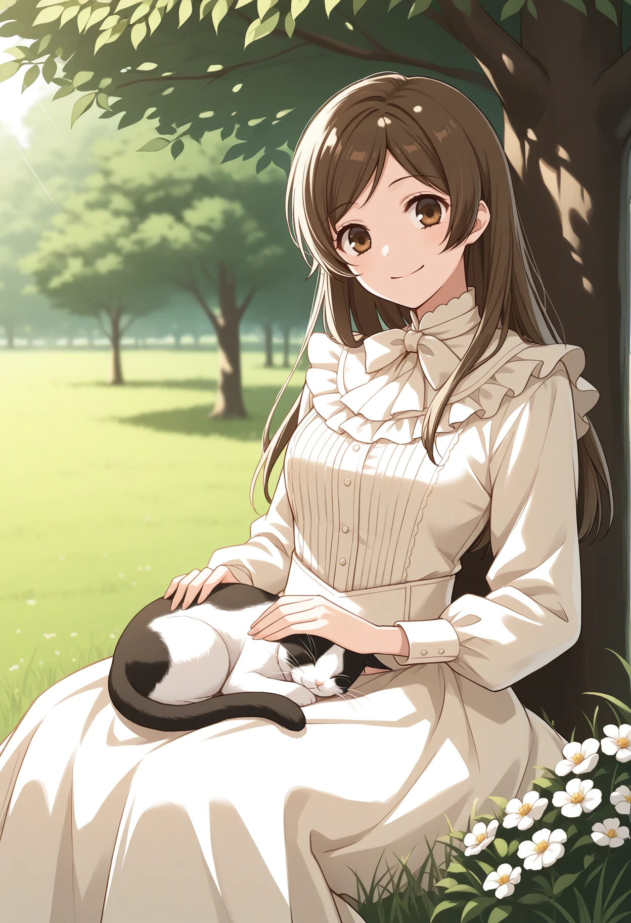 masterpiece, best quality,1girl,solo, looking at viewer, <lora:m_nanami-000008:1>, m_nanami, brown hair, brown eyes,long hair, 
solo, cowboy shot, victorian, gown, sitting, on grass, leaning back, tree, tree shade, dappled sunlight, light smile,cat, on lap, petting, flower, graphite (medium),analogous colors,smile, looking at viewer,