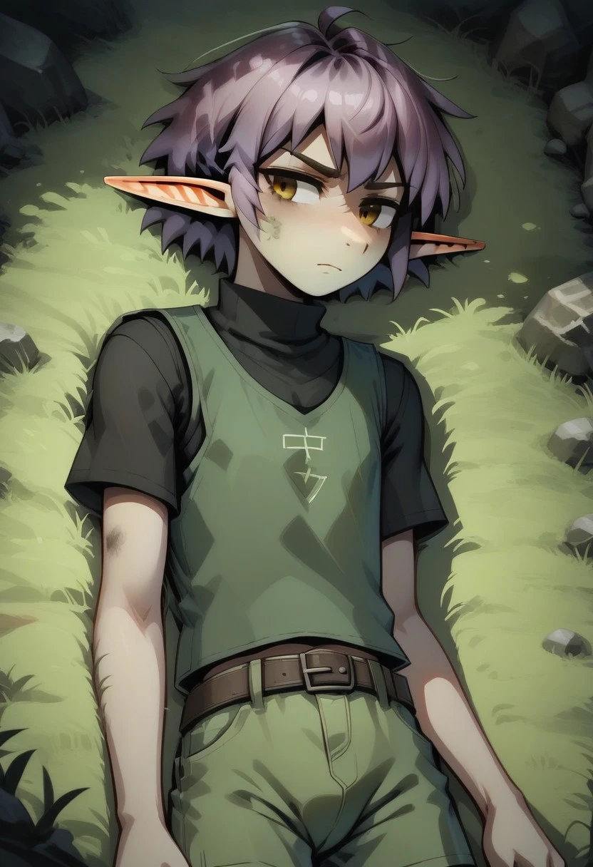 Parnea, 1 person, androgynous, solo, pointy ears, short hair, hazel eyes, lilac hair, green vest, black undershirt, turtleneck collar, green shorts,
Laying on back, in grass, dirty clothes, knocked down, annoyed,
organic cavern background,
Medieval style, side view, 
Smooth colors, clean lines, high quality, best quality, masterpiece, 3/4 view, score: 9, score: 8 up, rating: safe, source: semi-realistic,