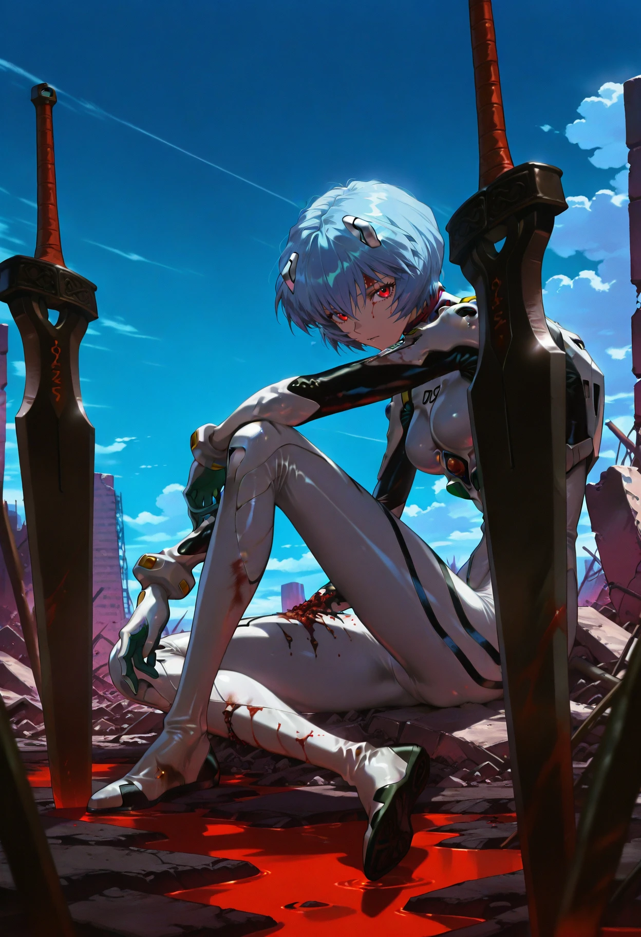 masterpiece, best quality, amazing quality, intricate detail, highly detailed, absurdres, very aesthetic, dynamic lighting, detailed background,
 <lora:GothicPunkILXL:1> g0th1cpnk,
1girl, ayanami rei, plugsuit, blue hair, white bodysuit, solo, bodysuit, short hair, interface headset, weapon, sitting, sky, planted, science fiction, ruins, sword, breasts, looking at viewer, outdoors, planted sword, blue sky, pilot suit, cloud, red eyes, torn clothes, blood, full body, rubble