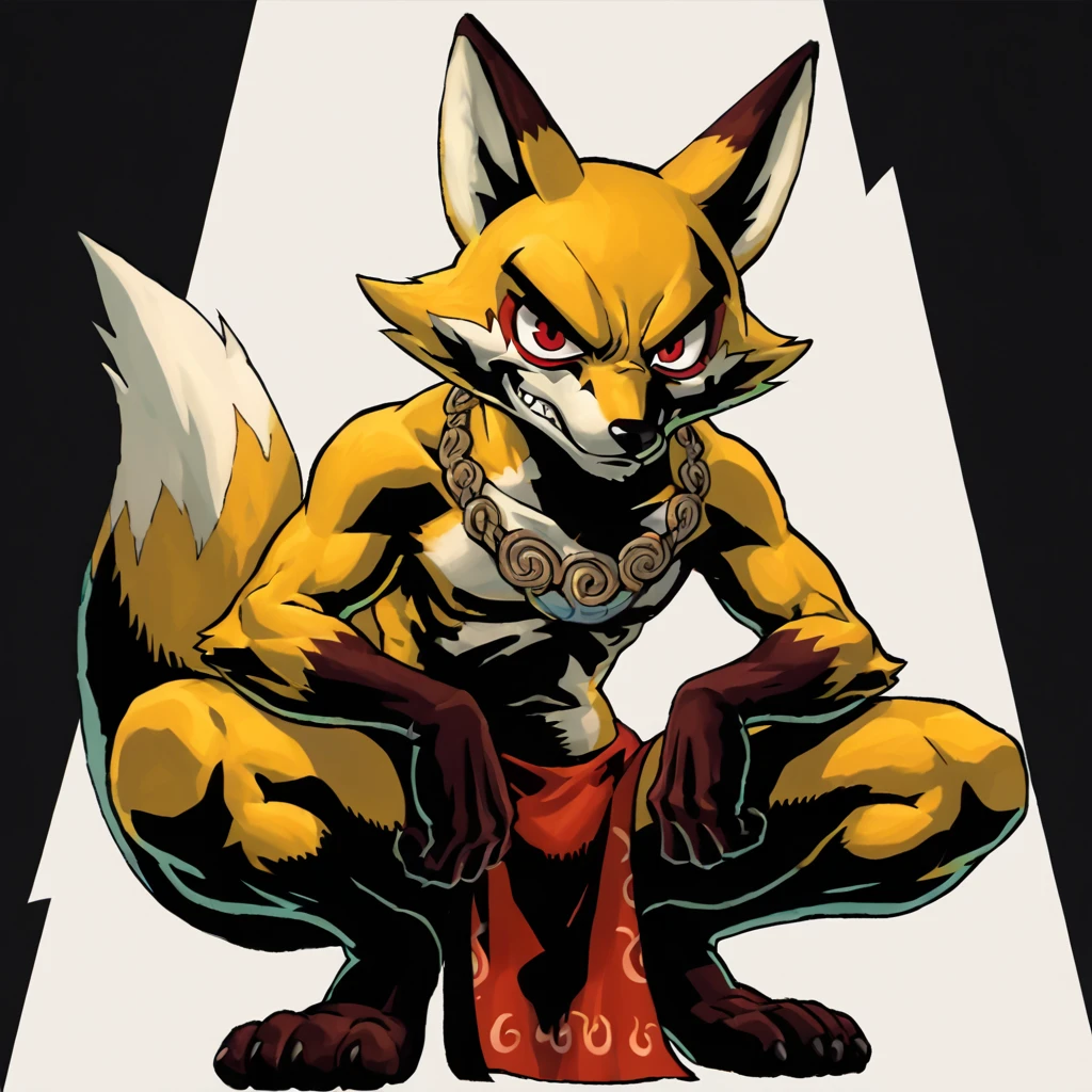 <lora:Majoras_Mask_Concept_Art_Style_-_Pony_XL-000011:1> score_6_up, score_7_up, MMStyle, 1boy, fox, yellow fur, tall, squatting, smirk, evil, red eyes, loin cloth, abstract background, black background, rainbow background, dark shadows, saturated colors
