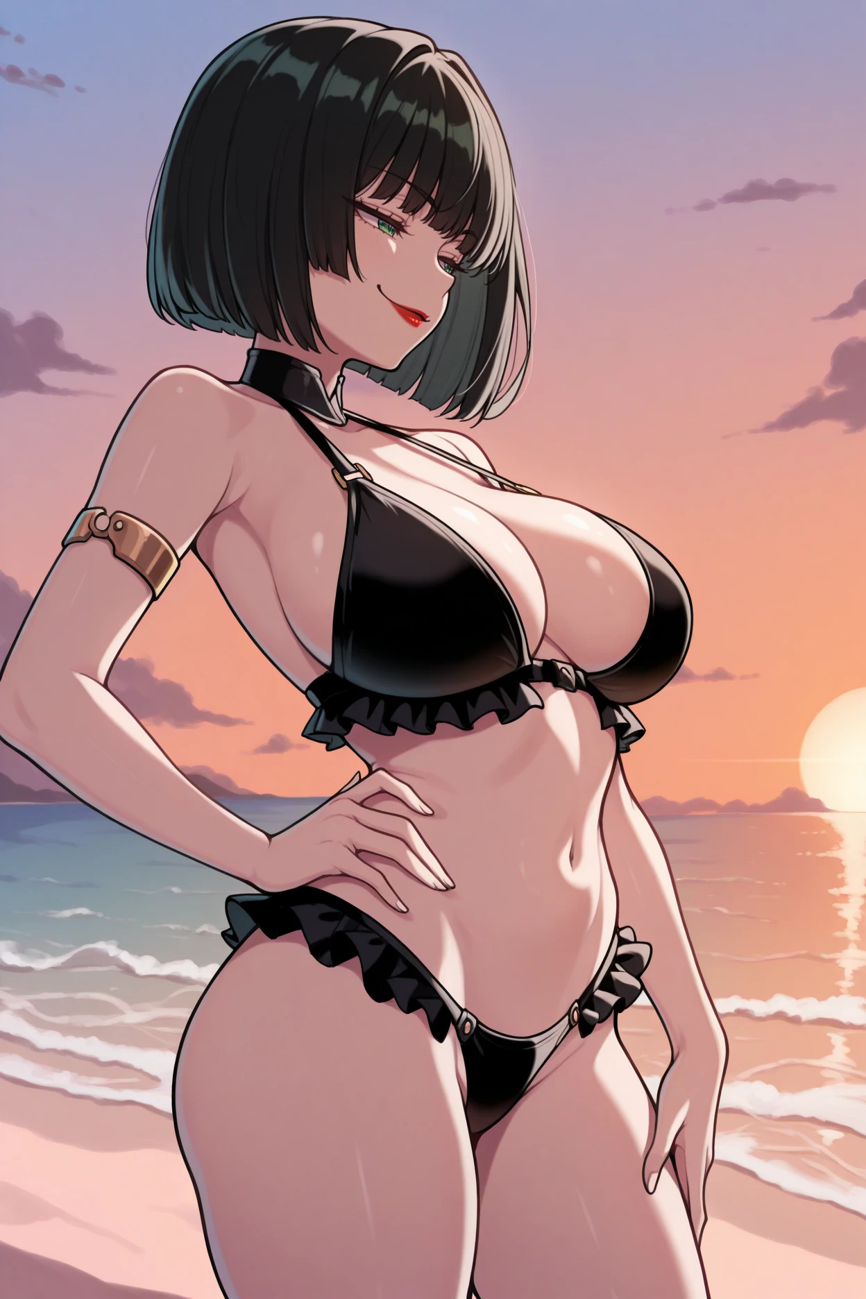 masterpiece, best quality, 1girl, solo, <lora:ggino-illu-nvwls-v1-000006:1> striveIno, black hair, medium hair, bob cut, green eyes, lipstick, frilled bikini, black and white bikini, gothic bikini, large breasts, beach, hand on hip, looking to the side, smile, half-closed eyes, smug, beach, sunset, thighs, armlet