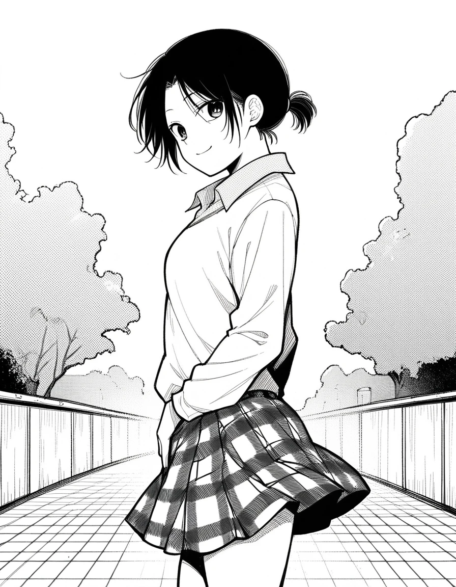 score_9, score_8_up, score_7_up, source_anime, <lora:asahi-shounan-manga-ponyxl-lora-nochekaiser:1>, asahi shounan, short hair, ponytail, parted bangs, monochrome, greyscale,, skirt, plaid, plaid skirt, sweater, long sleeves, shirt, white shirt, collared shirt,, wooden bridge, planks, rustic, crossing, narrow, smile, from side, looking at viewer, solo,, dutch angle, cowboy shot