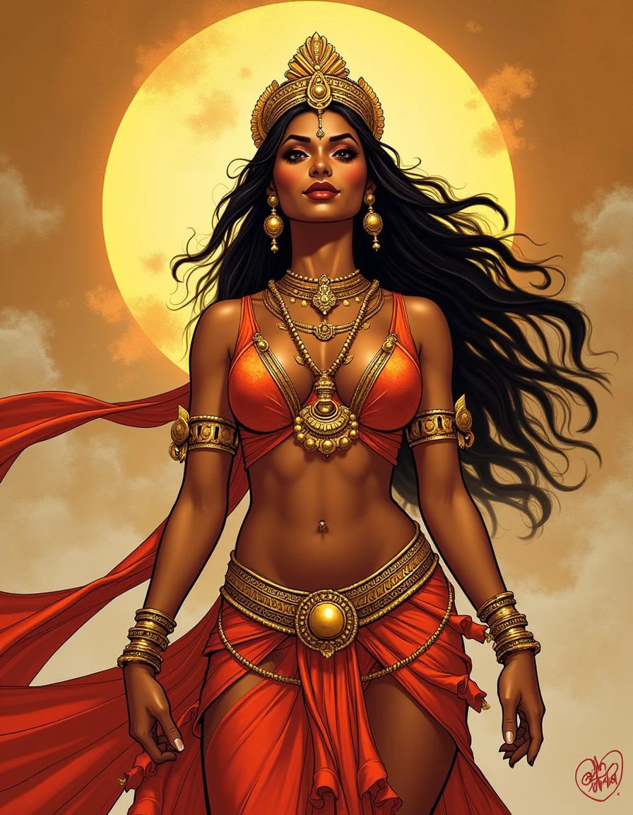 Digital comic book illustration by David Nakayama. Hindu mythology, Saraswati, Goddess of knowledge music arts and wisdom. brown skinned woman <lora:David_Nakayama_Style:0.8>