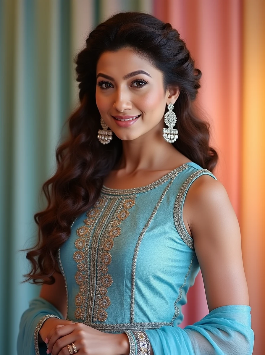 headshot photo of Gauhar Khan woman,hyper realistic candid photo  shouting,studio quality, wearing intricate conservative sleeveless Blue Gota Patti Suit (Rajasthani embellished dress), curls, pastel shaded multicolored background, cinematic lighting<lora:TestBed\Gauhar_Khan_Flux_Kohya_LoRA_v1.safetensors:1.0:1.0>