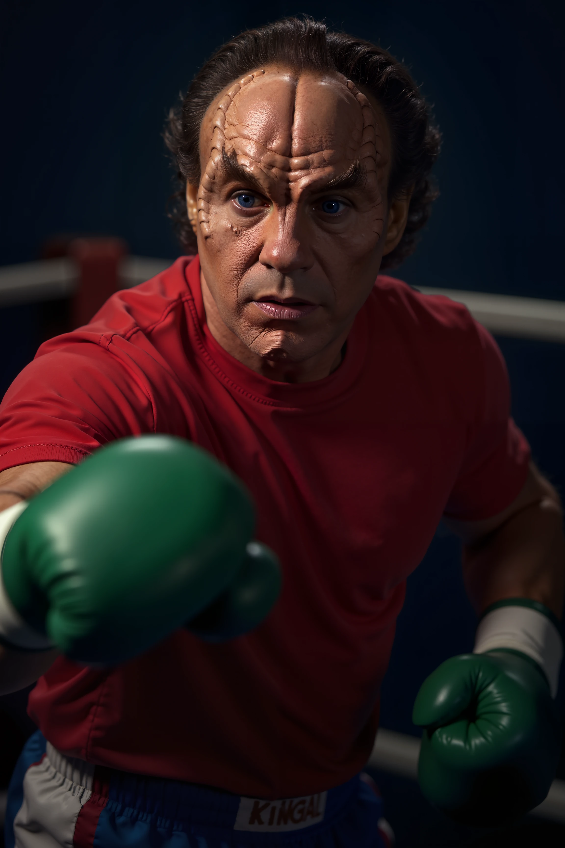 a denobulan man with ridged face and deep blue eyes is in a boxing ring wearing green boxing gloves and red tshirt. He is swinging his hand towards the viewer. His face is determined. Fantastic lighting. Detailed shadows.intricate details, vivid colors, hyper-detailed, ultra-sharp<lora:denobulan_FLUX>