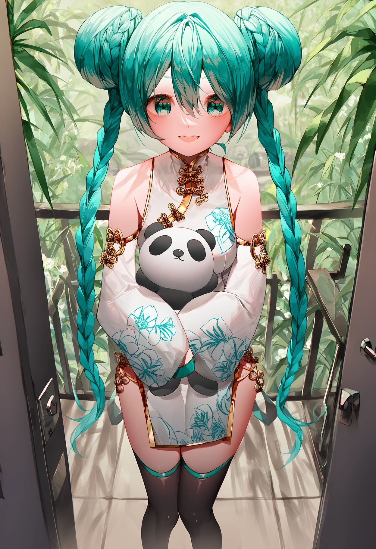 score_9, score_8_up, score_7_up, extremely detail face, 1girl, solo, hatsune miku, aqua eyes, aqua hair, twintails, hair buns, twin braids, blue bow, chinese clothes, frill, frill sleeves, black thighhighs, smile, standing, hugging, panda, stuffed panda, pov doorway  <lora:POV_Doorway_Girl_waiting_at_door:1> <lora:hugging_panda:1>